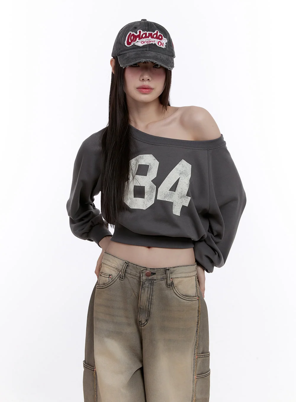 84 Graphic One-Shoulder Cropped Sweatshirt CF512 - Image 8