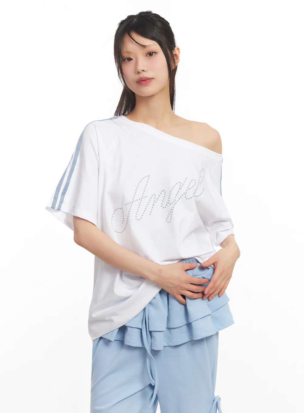 Angel One-Shoulder Stripe T-Shirt IY502 - Image 7
