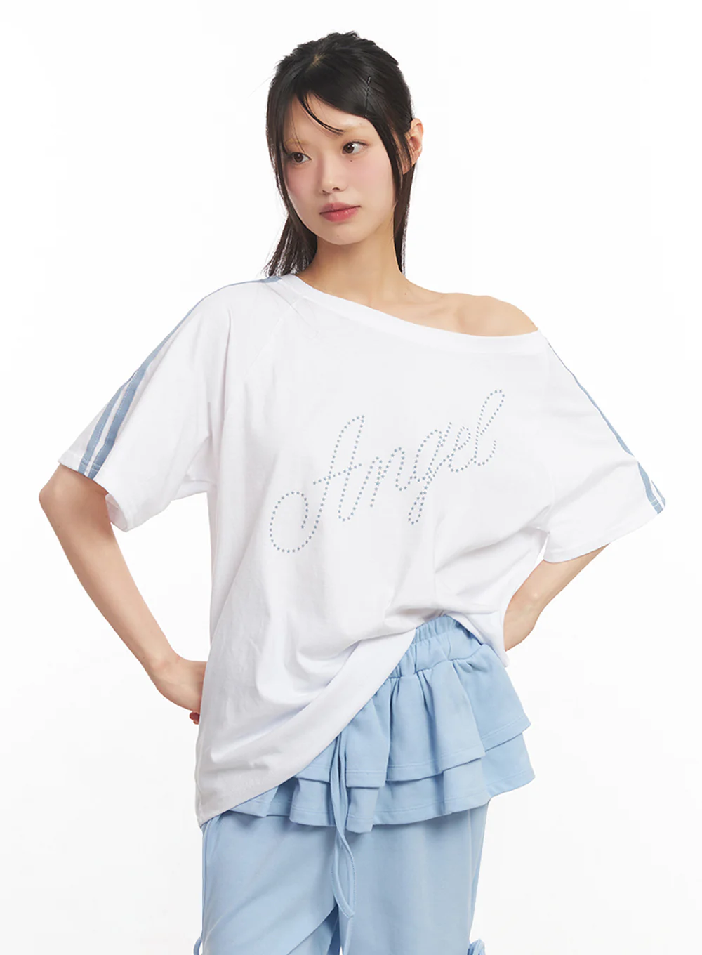 Angel One-Shoulder Stripe T-Shirt IY502 - Image 8