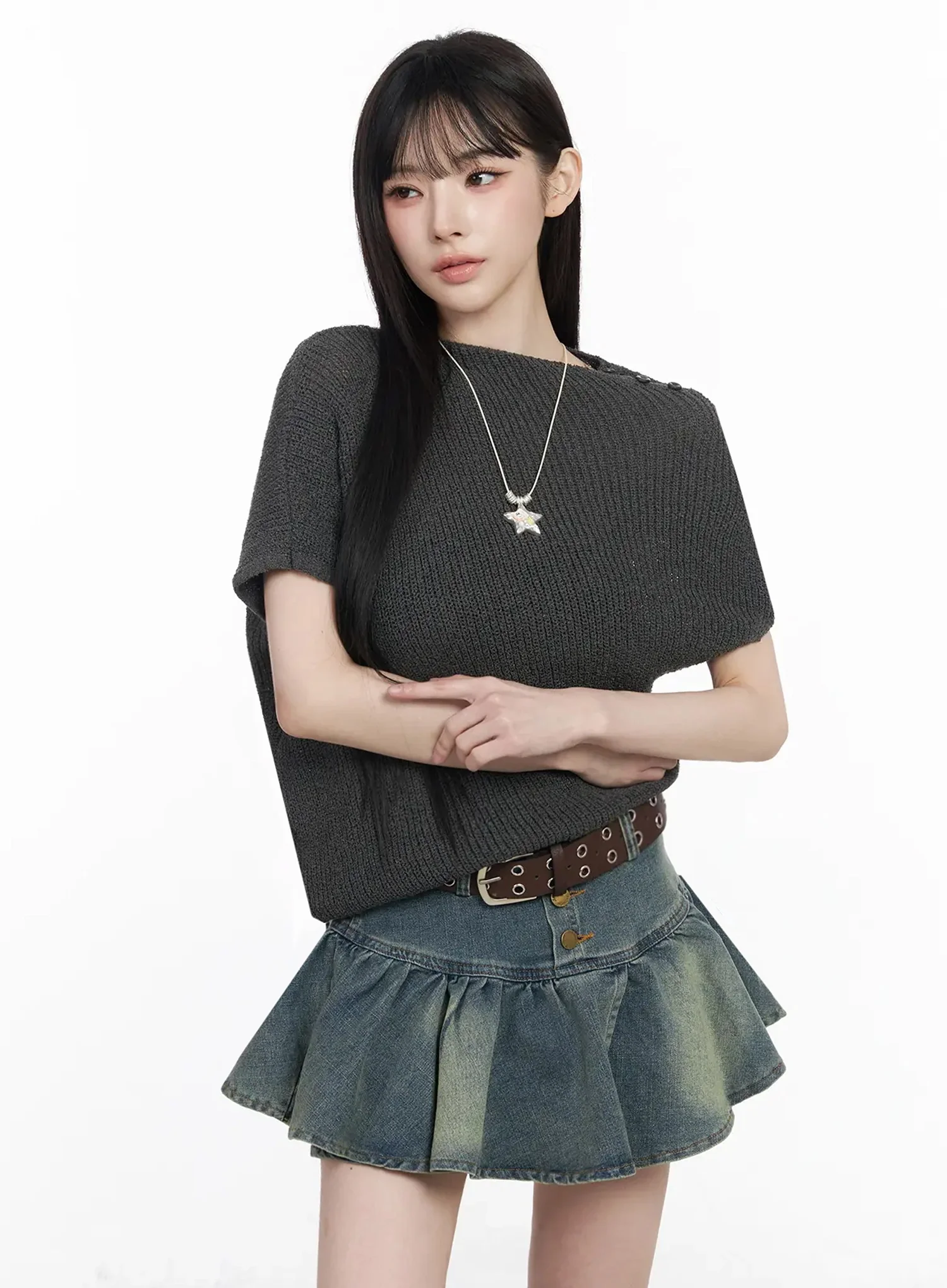 Asymmetric Half-Neck Knit Top IU509 - Image 13
