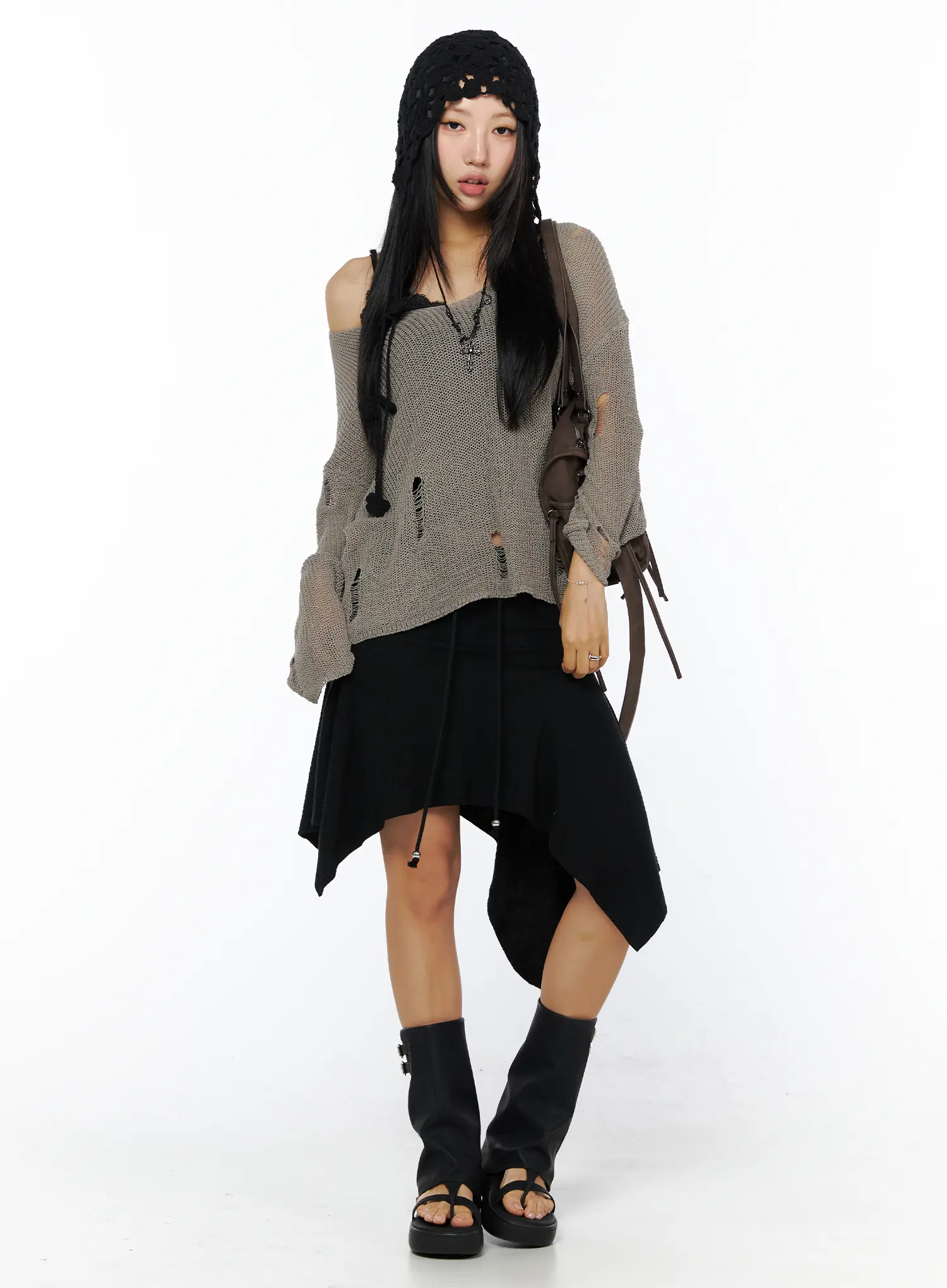 Asymmetric Midi Skirt with Drawstring CU512