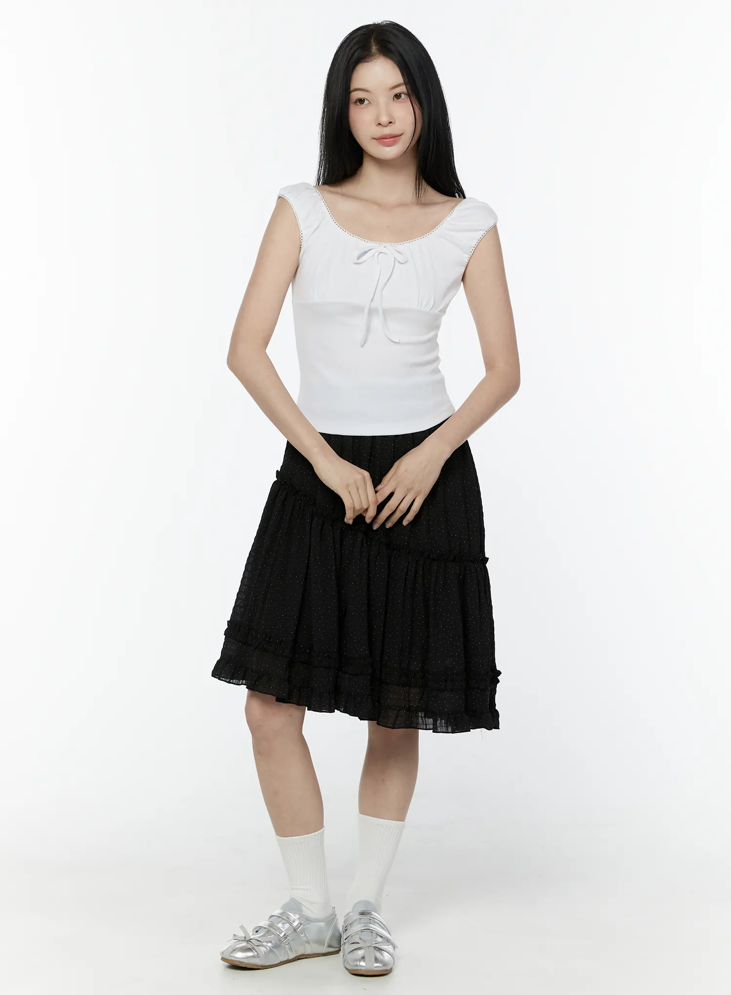 Asymmetric Ruffle Polka Dot Midi Skirt IU505 - Image 4