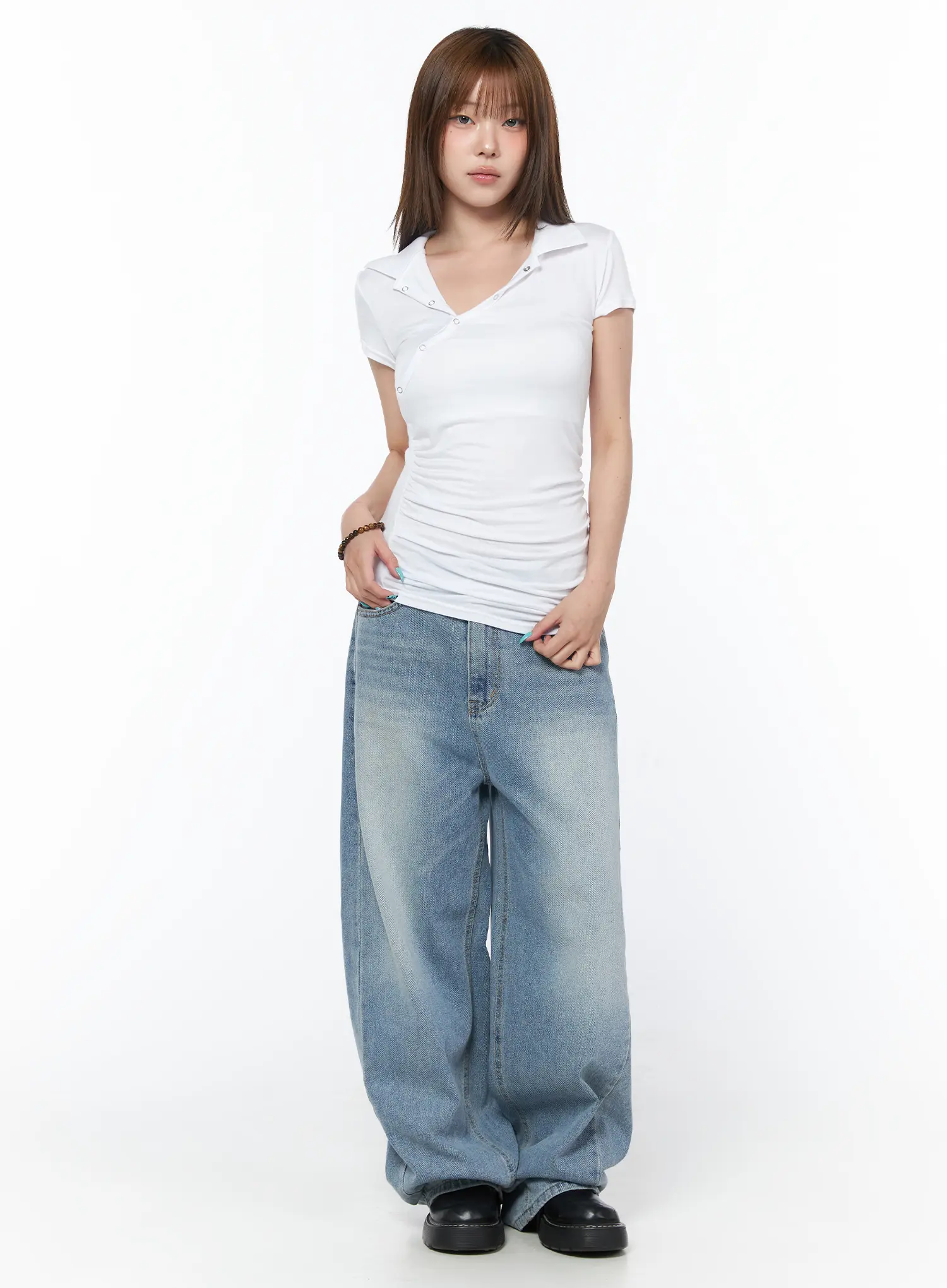 Asymmetrical Snap Collar Shirred Tee CY529 - Image 3