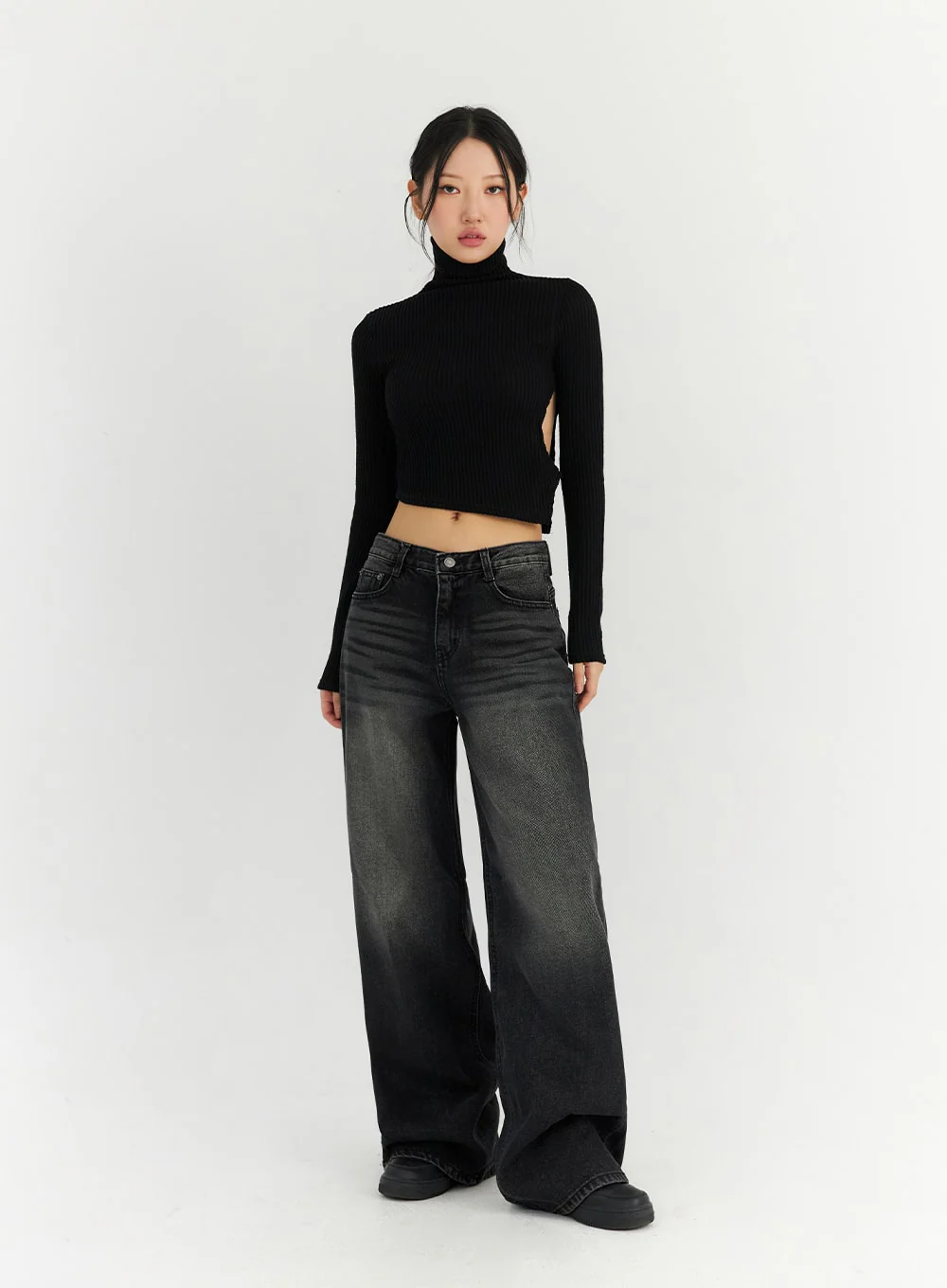 Back Slit Washed Wide Leg Jeans CN306 - Image 2