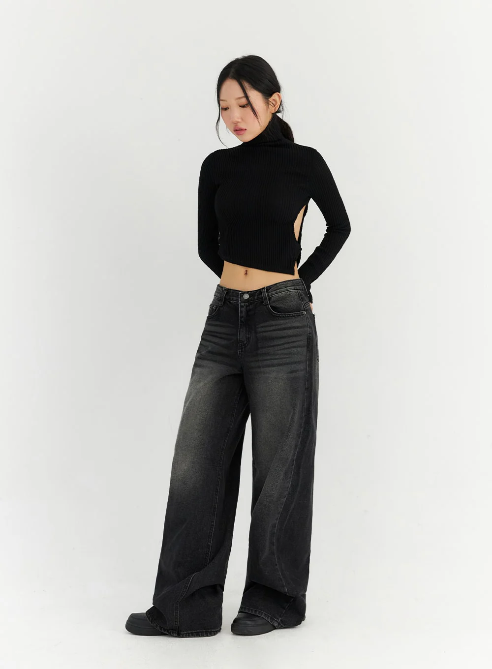 Back Slit Washed Wide Leg Jeans CN306 - Image 3