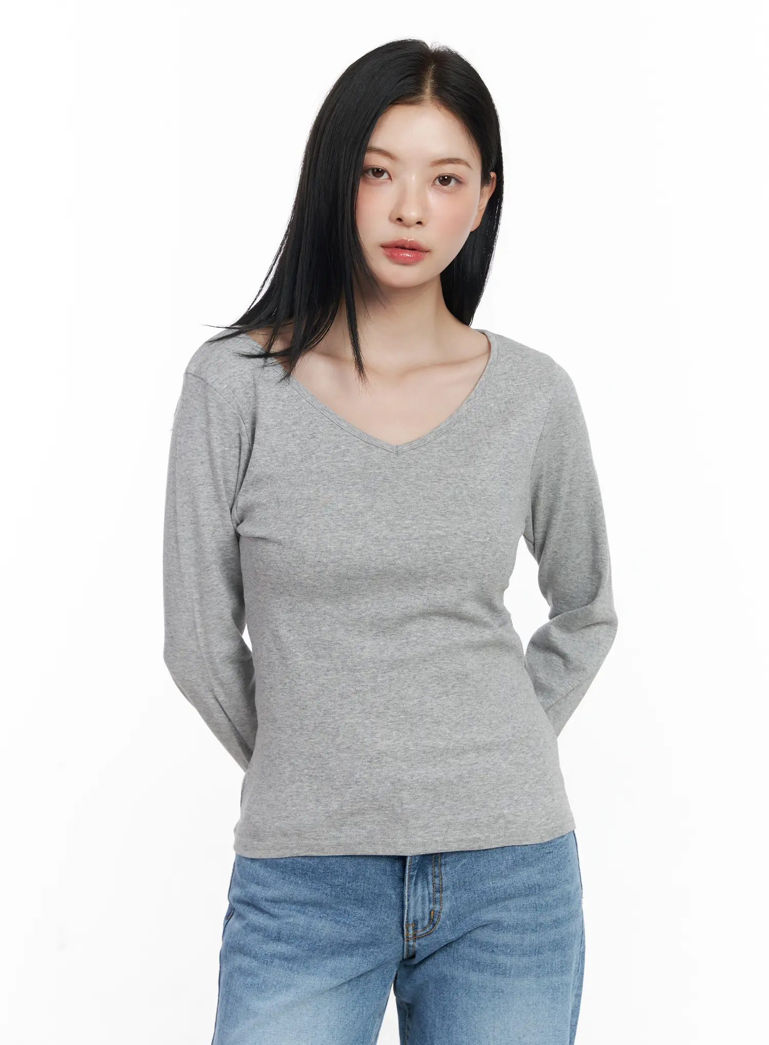 Basic V-Neck Long Sleeve Tee CJ519 - Image 11