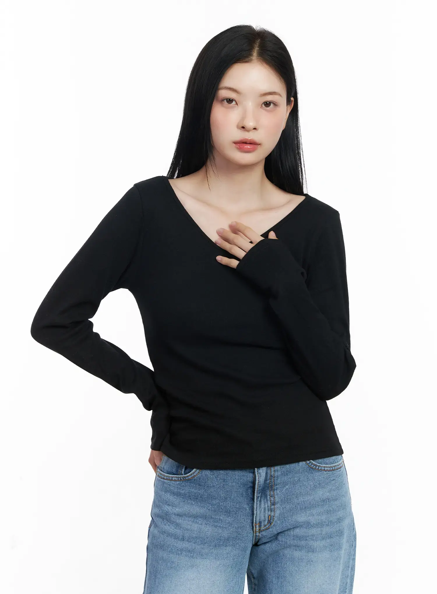 Basic V-Neck Long Sleeve Tee CJ519 - Image 12