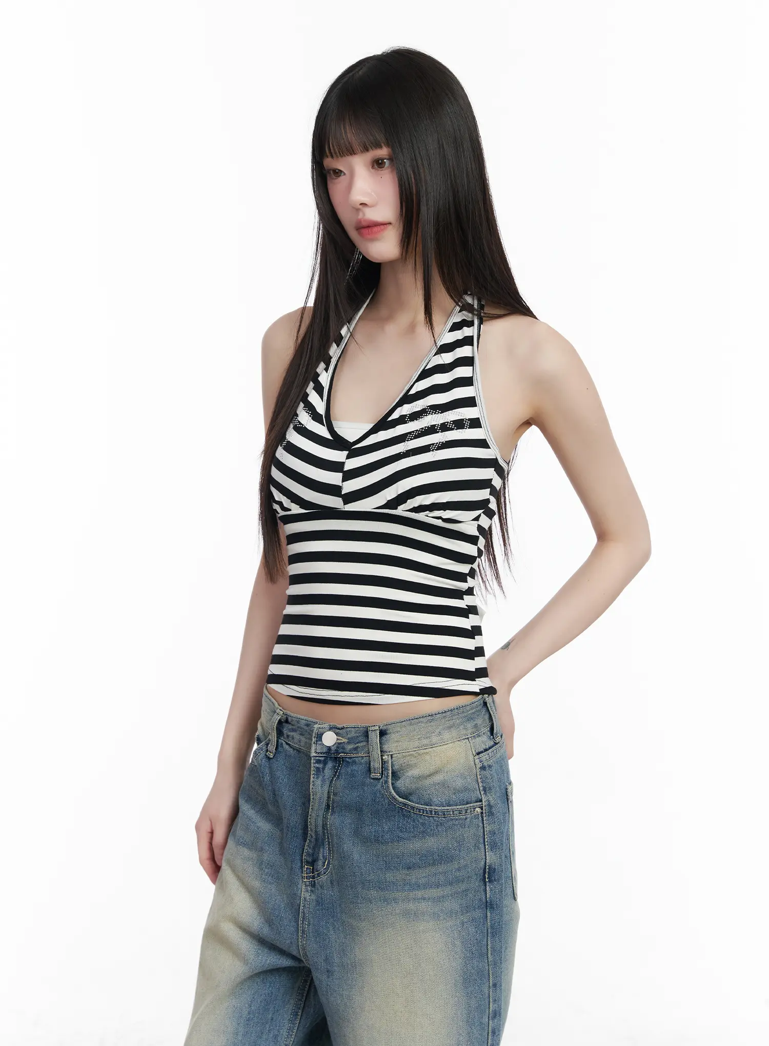 Bow Embellished Stripe Padded Halter Top CM524 - Image 11