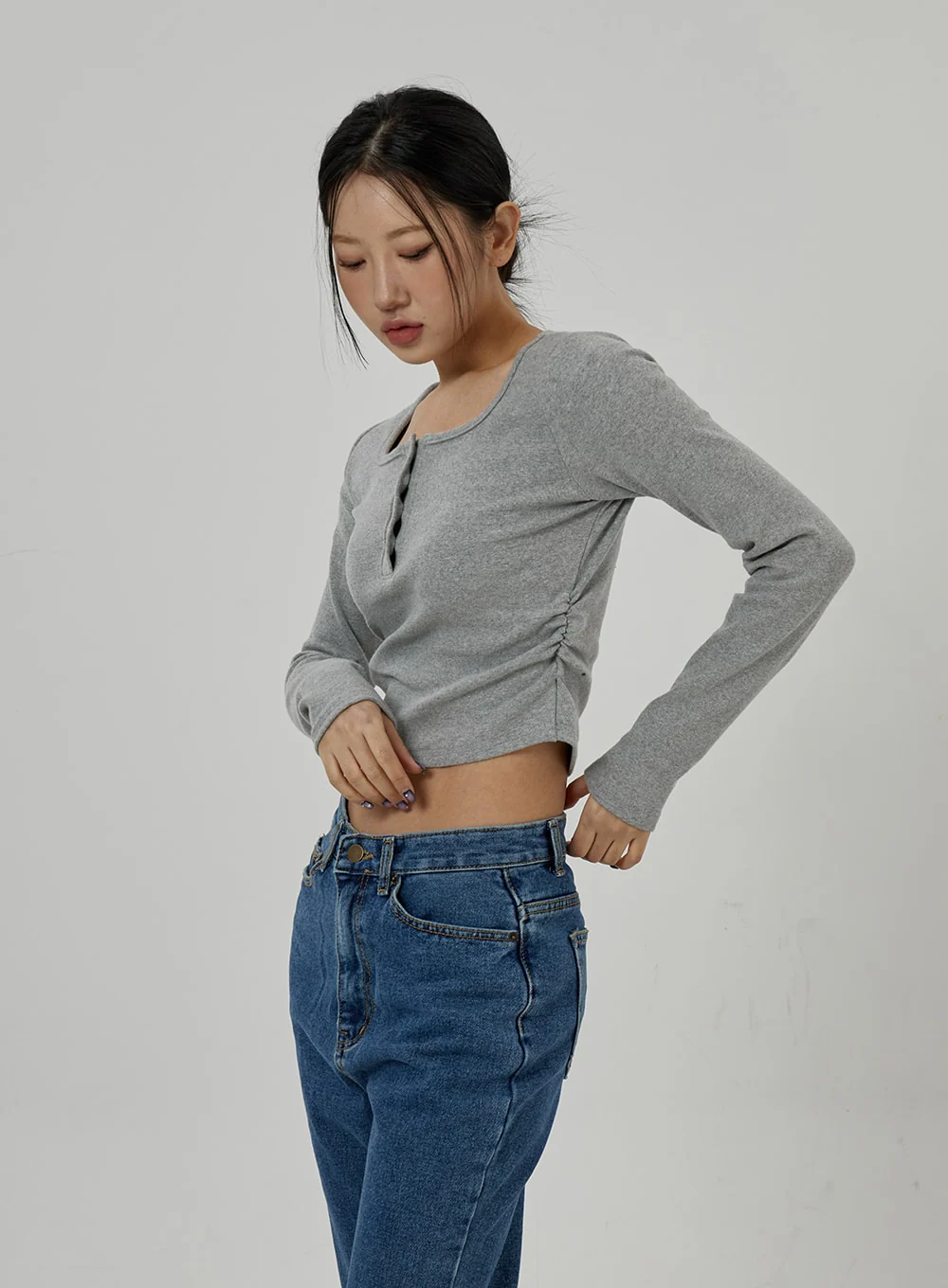 Button Neck Long Sleeve Cropped Top CD21 - Image 2