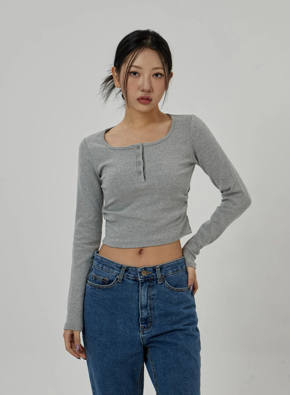 Button Neck Long Sleeve Cropped Top CD21 - Image 5