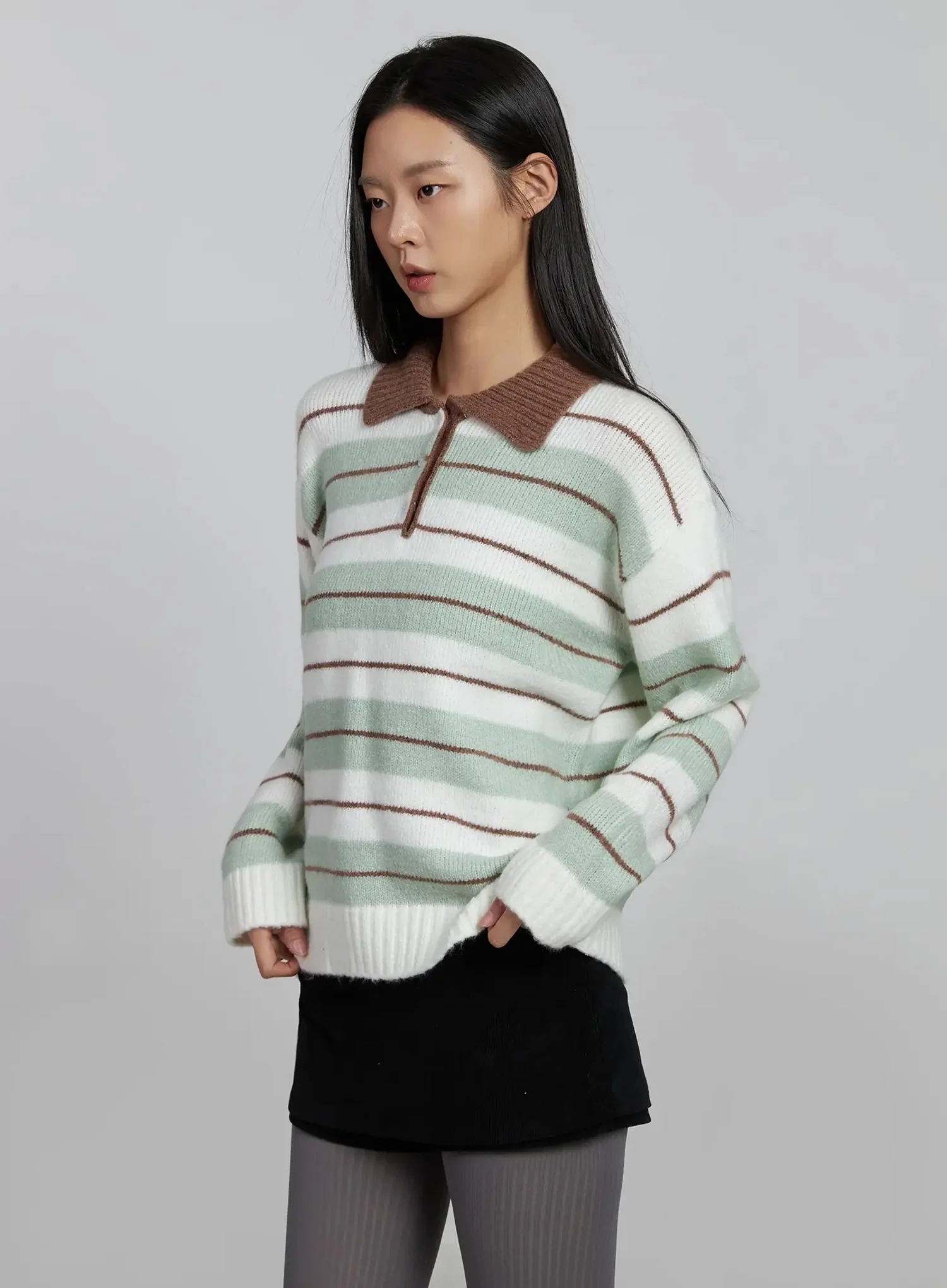 Buttoned Collar Striped Knit Sweater IM520 - Image 2