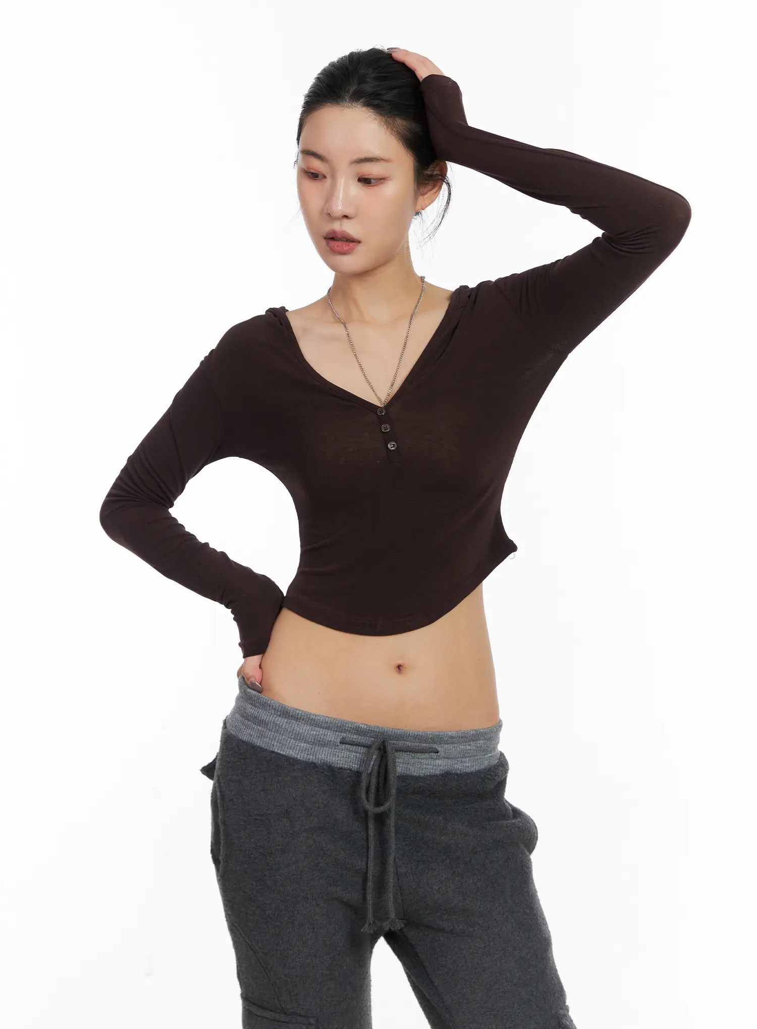 Buttoned Hooded Long Sleeve Crop Top CD509 - Image 11