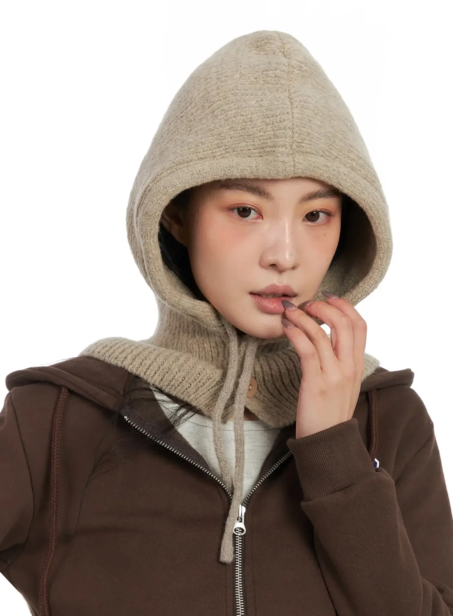 Buttoned Knit Hood Hat IN528