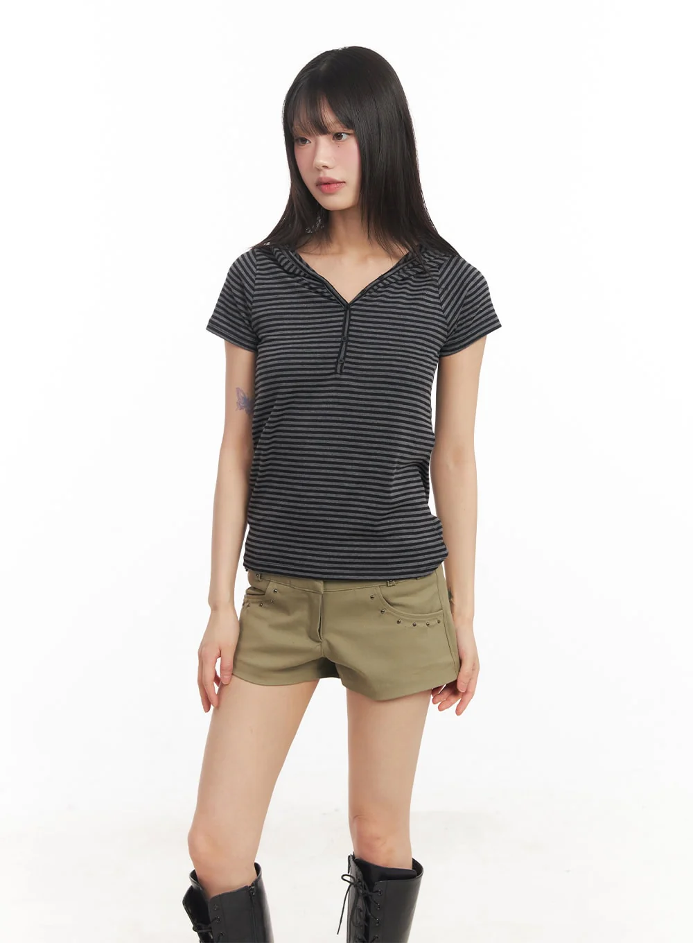 Buttoned Striped Hooded T-Shirt CA523 - Image 10