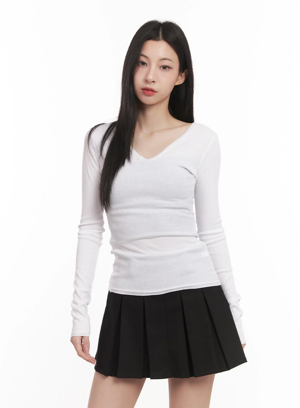 Buttoned V-Neck Long-Sleeve Top CM518