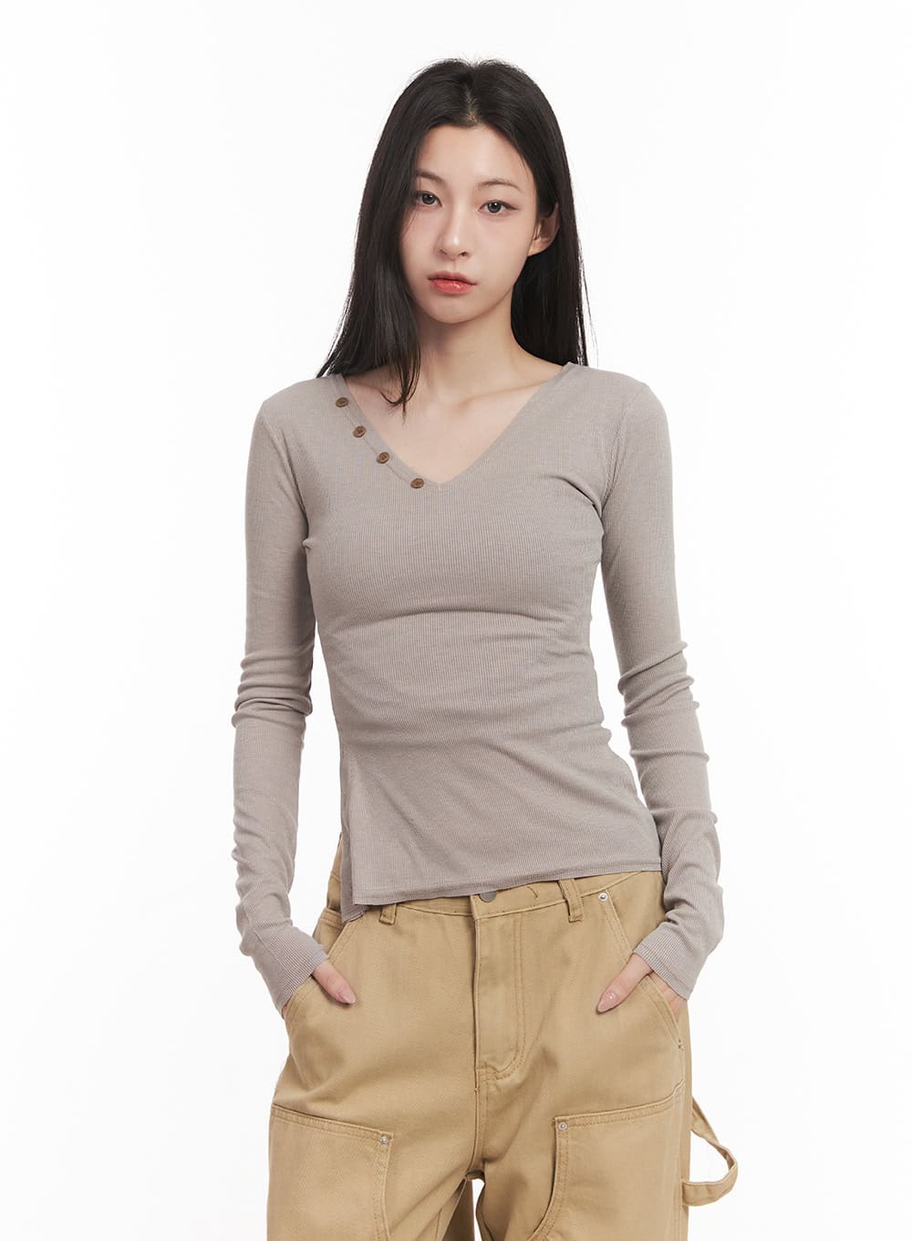 Buttoned V-Neck Long-Sleeve Top CM518 - Image 12