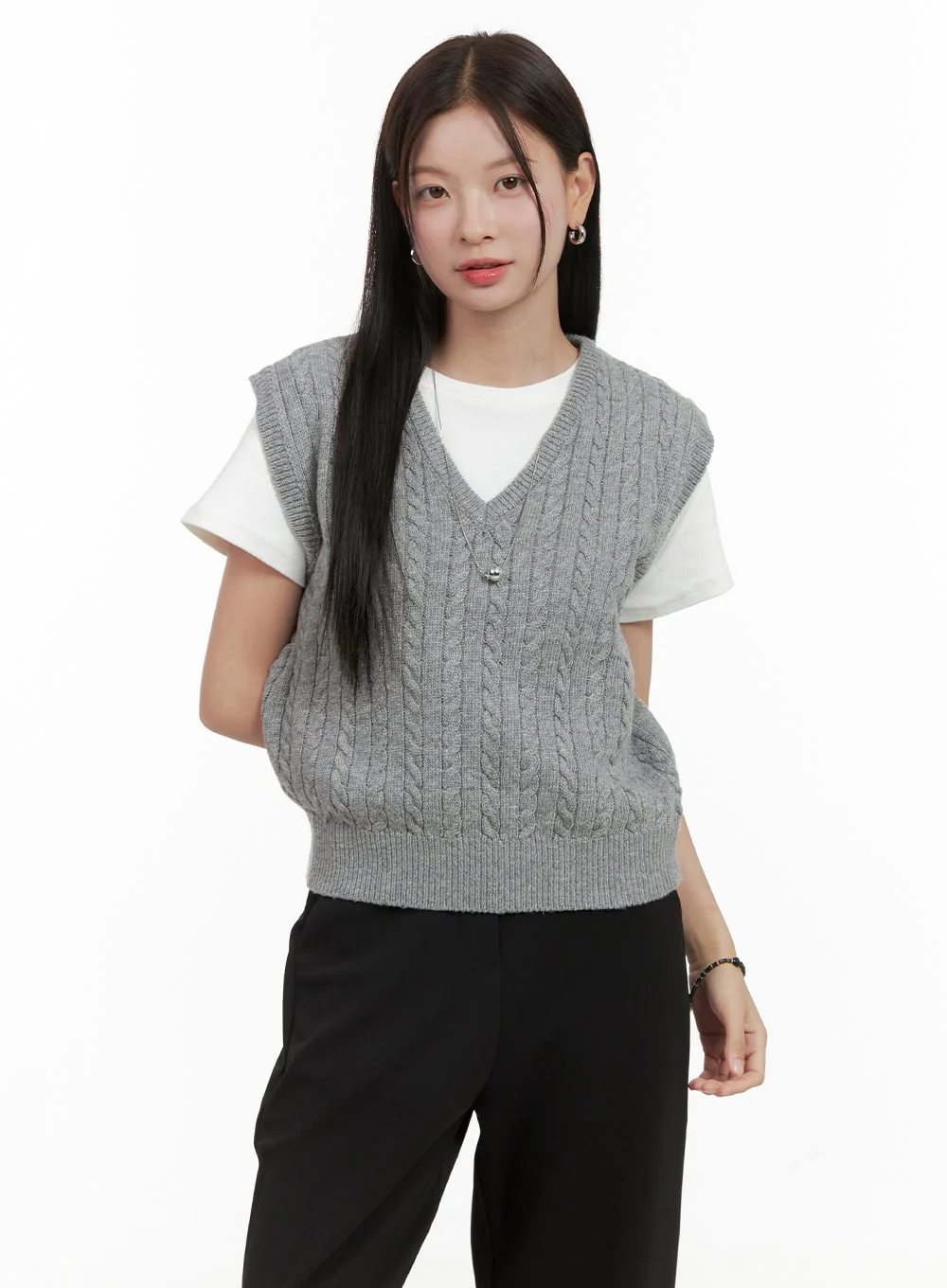Cable Knit Sleeveless V-Neck Vest OG416 - Image 5