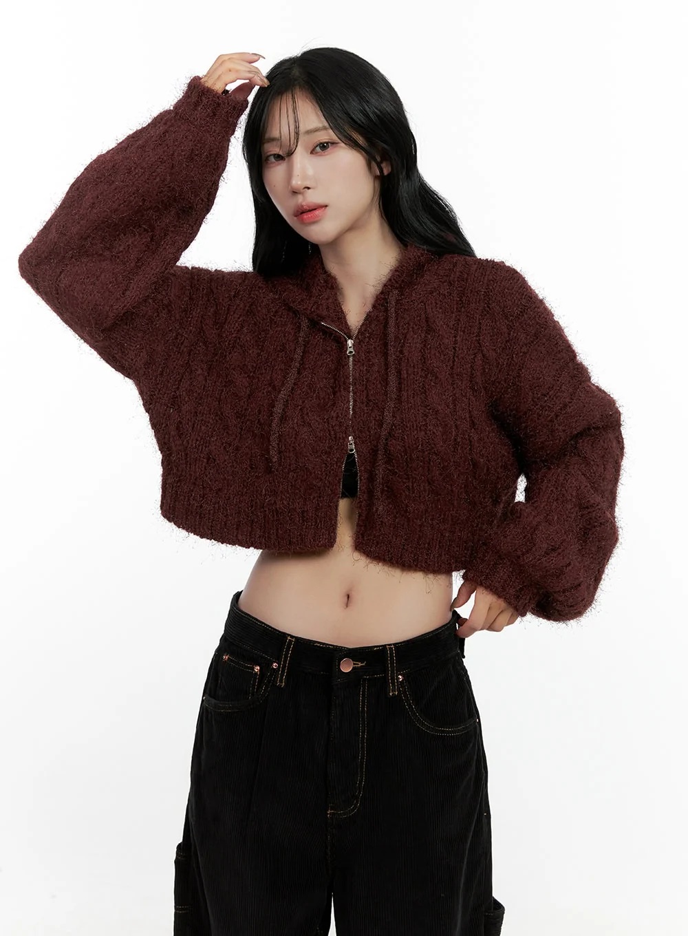 Cable Knit Zip-Up Hooded Cardigan CN407 - Image 9