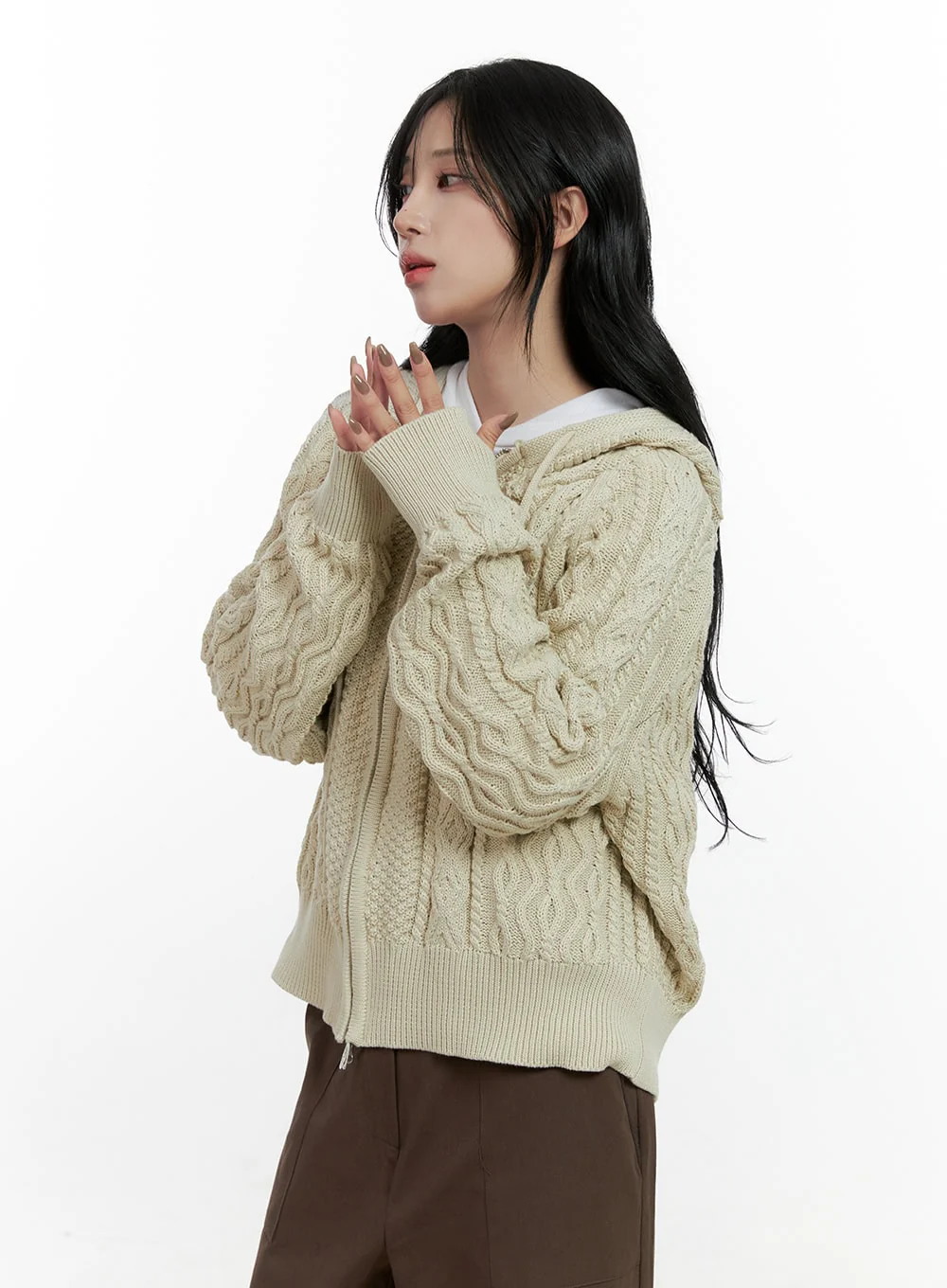 Cable Knit Zip-Up Hooded Sweater Cardigan CN411 - Image 3