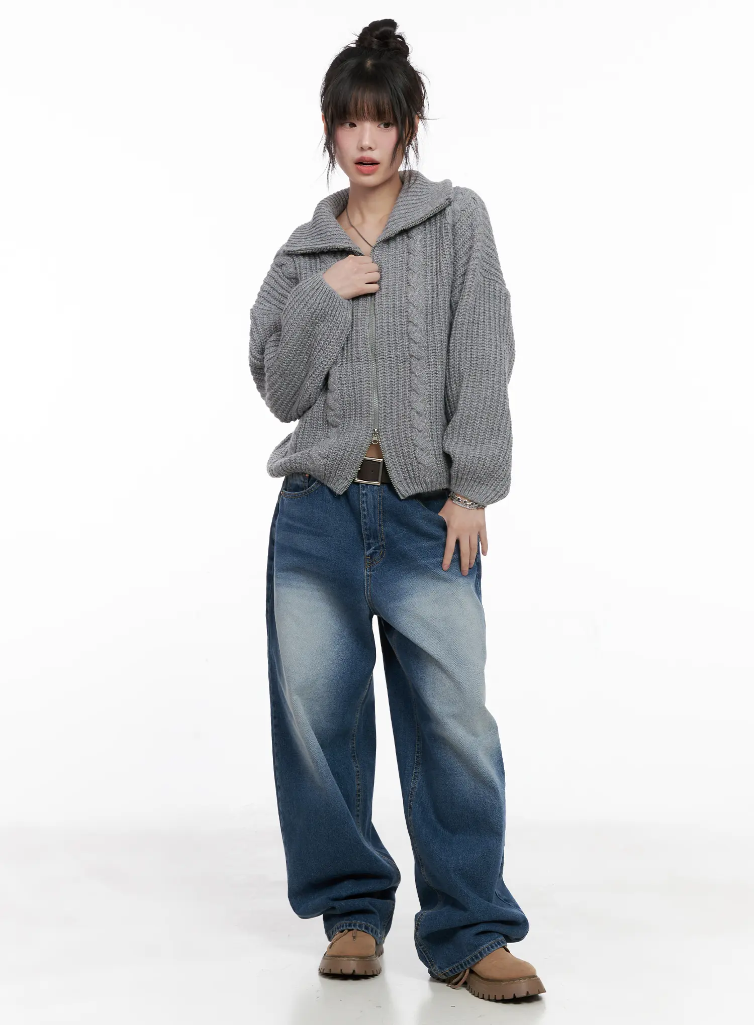 Cable Knit Zip-Up Sweater CG518 - Image 2
