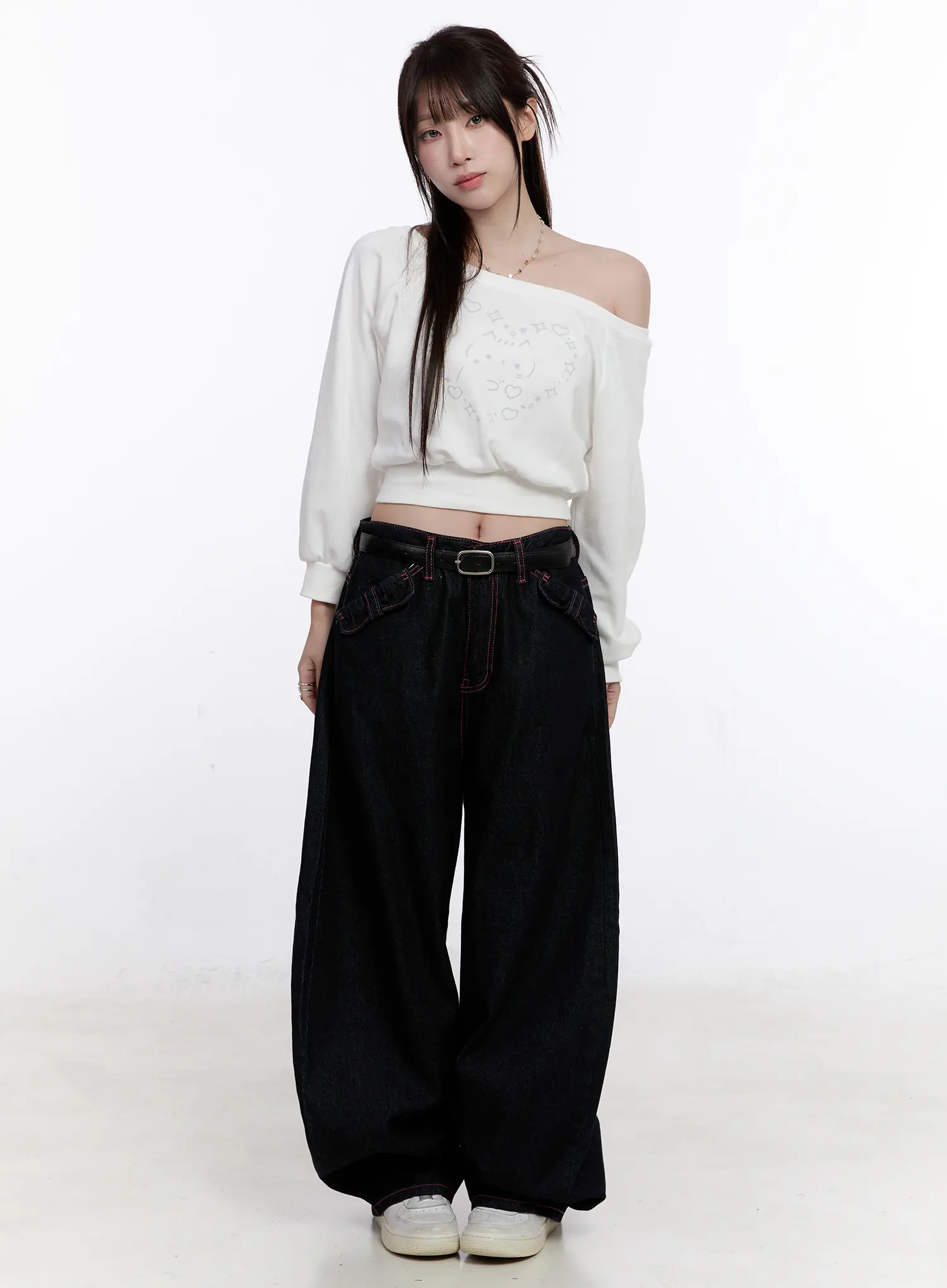 Cat Print Off-Shoulder Cropped Sweatshirt CO501 - Image 3