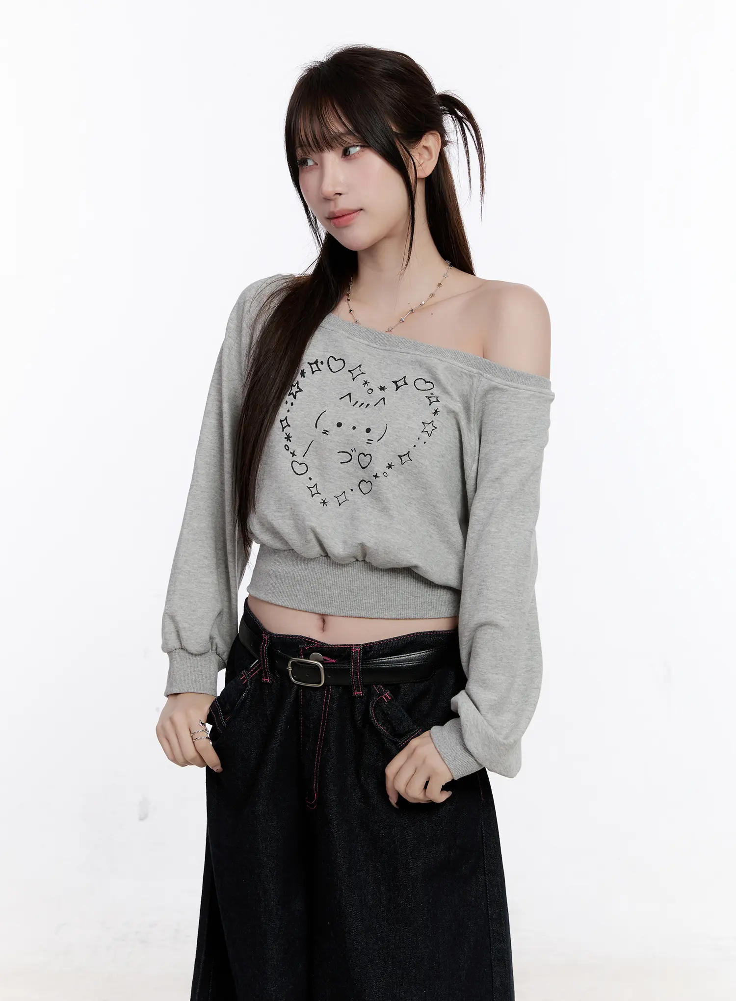 Cat Print Off-Shoulder Cropped Sweatshirt CO501 - Image 7