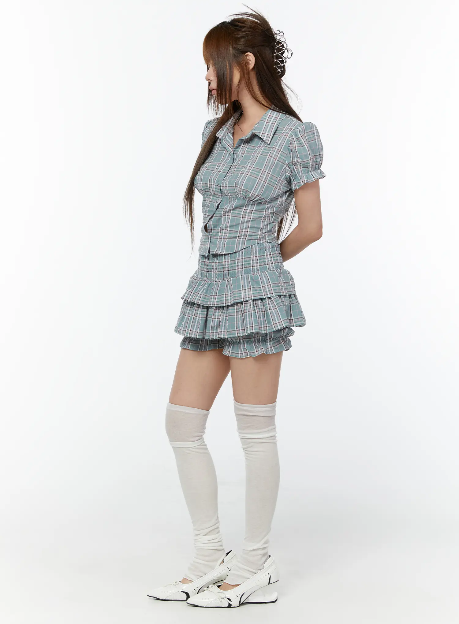 Check Puff Sleeve Crop Blouse CY518 - Image 4
