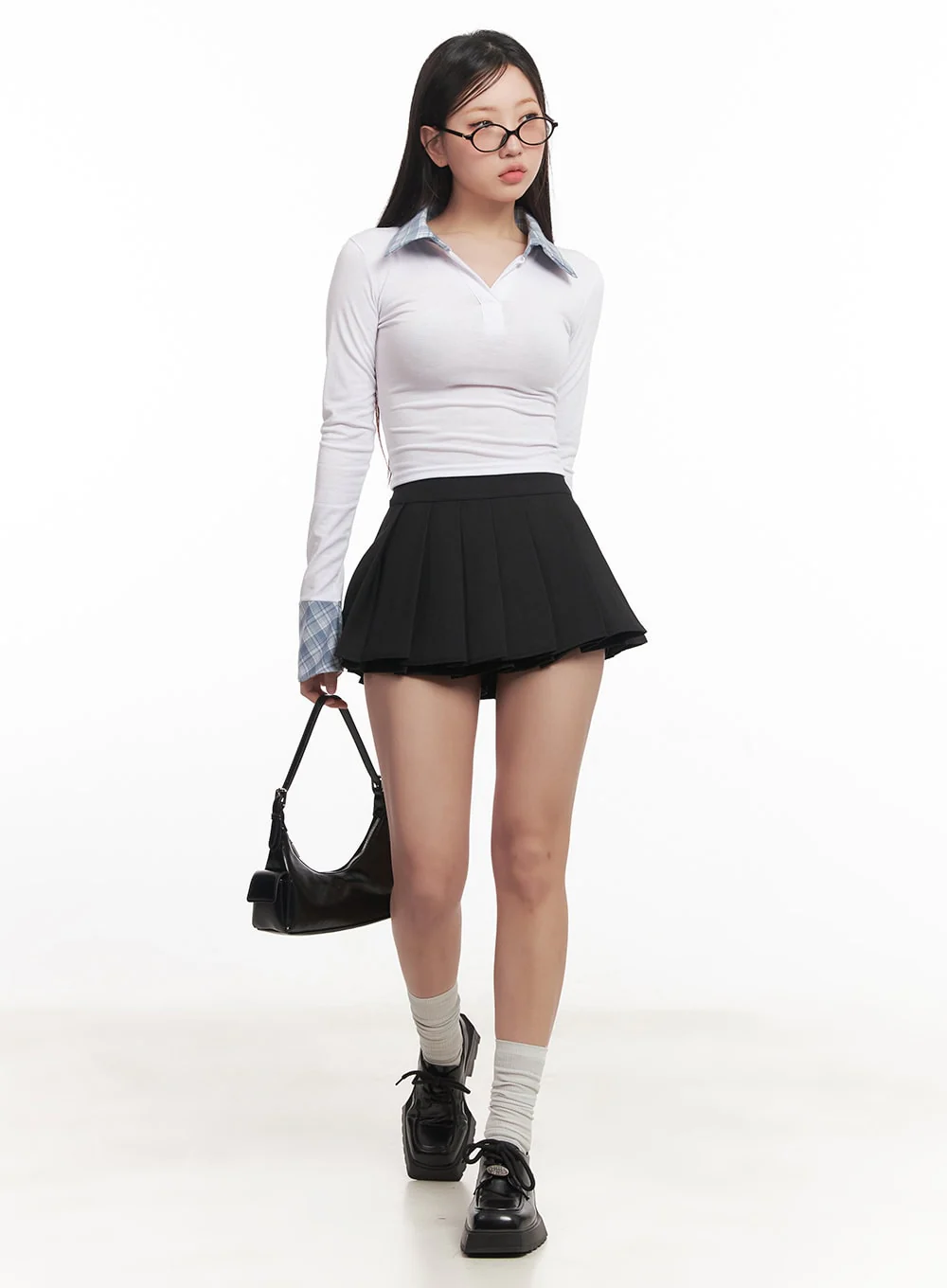 Checkered-Collar Long-Sleeve Crop Top CM531 - Image 2