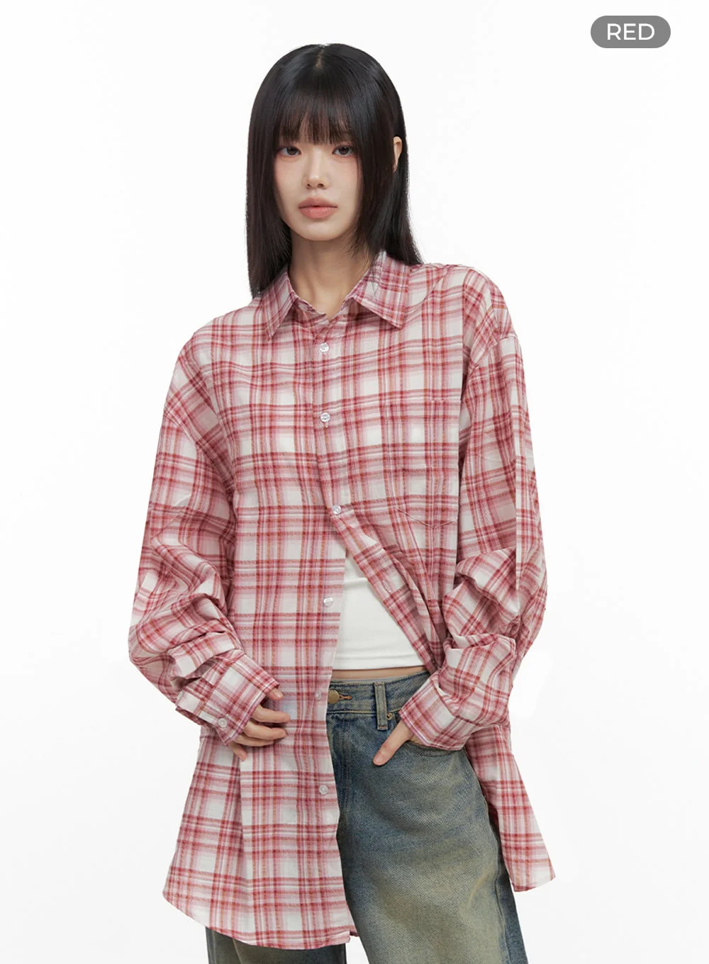 Checkered Cotton Oversized Shirt IO430 - Image 11
