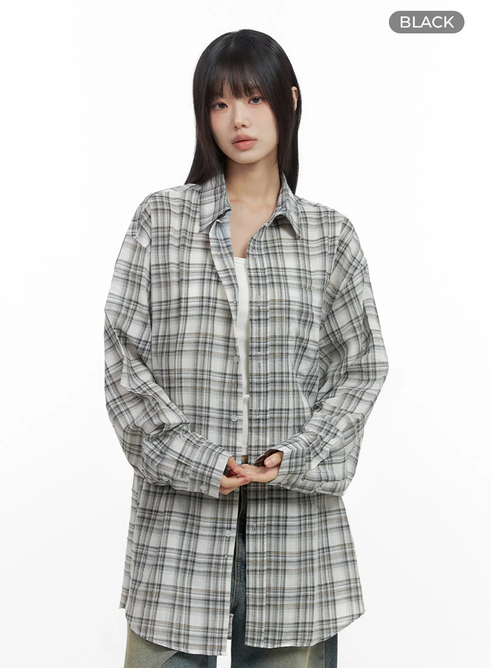 Checkered Cotton Oversized Shirt IO430 - Image 13