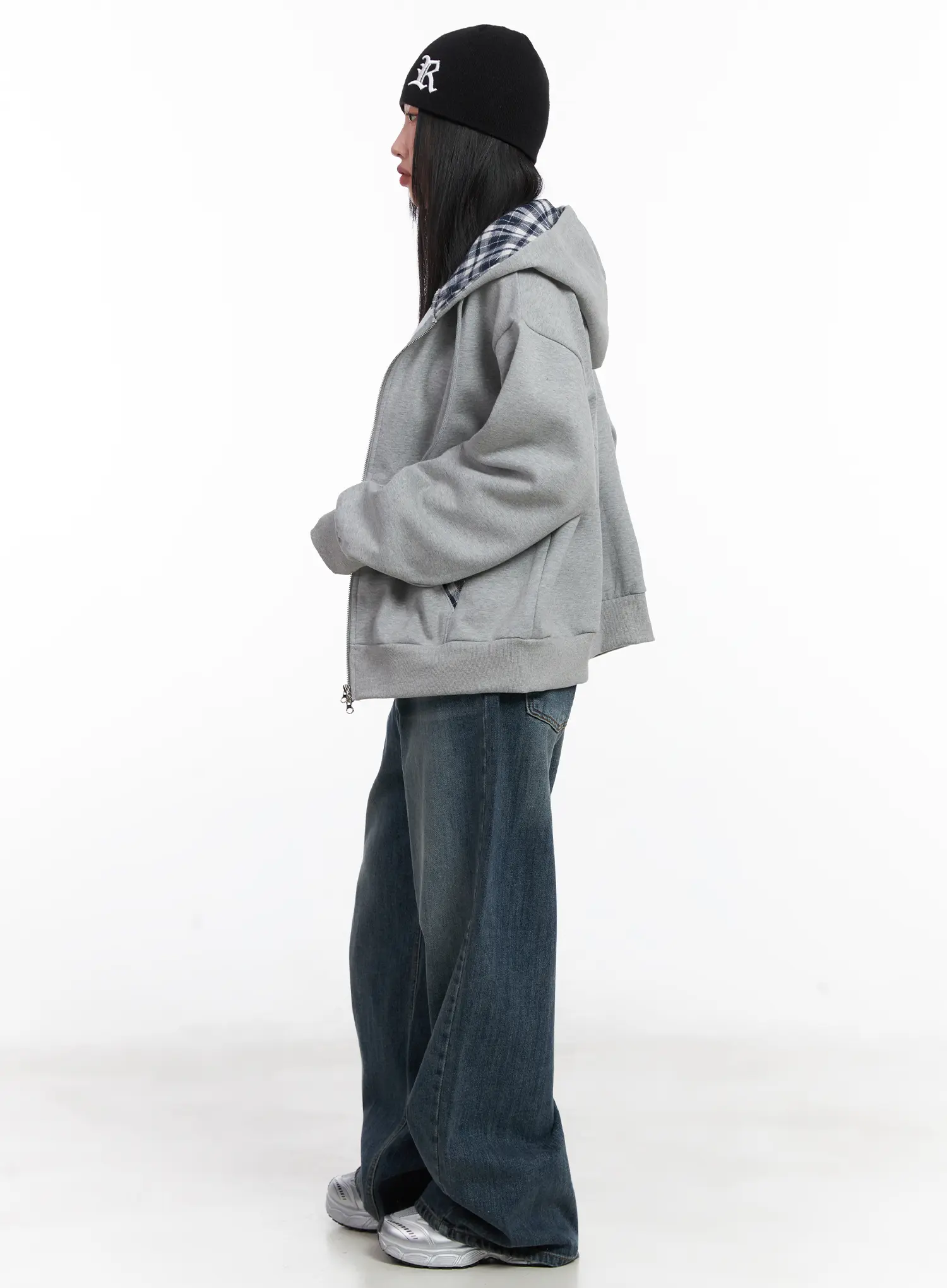 Checkered detail Zip-Up Hoodie CN528 - Image 4