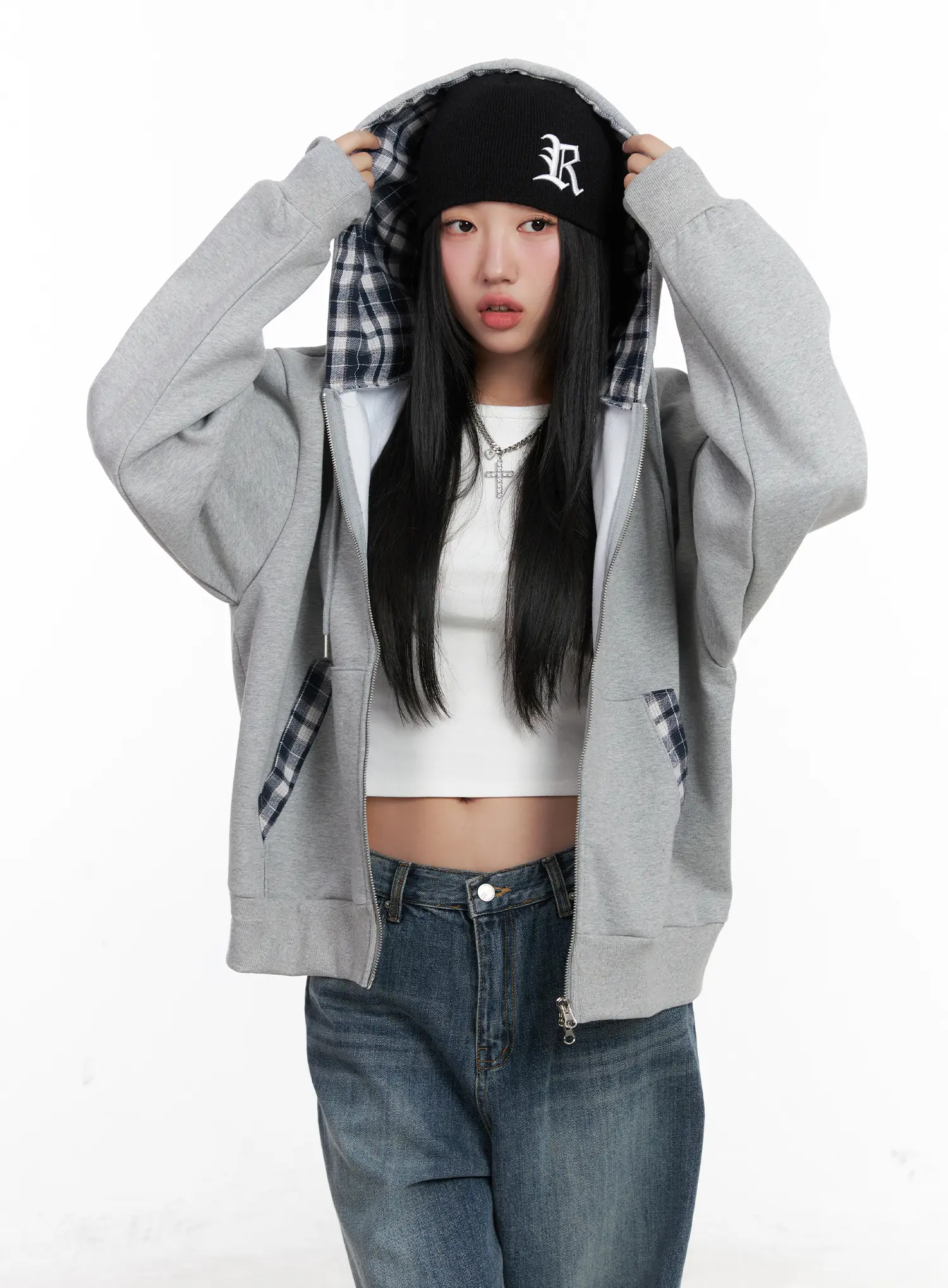 Checkered detail Zip-Up Hoodie CN528 - Image 6