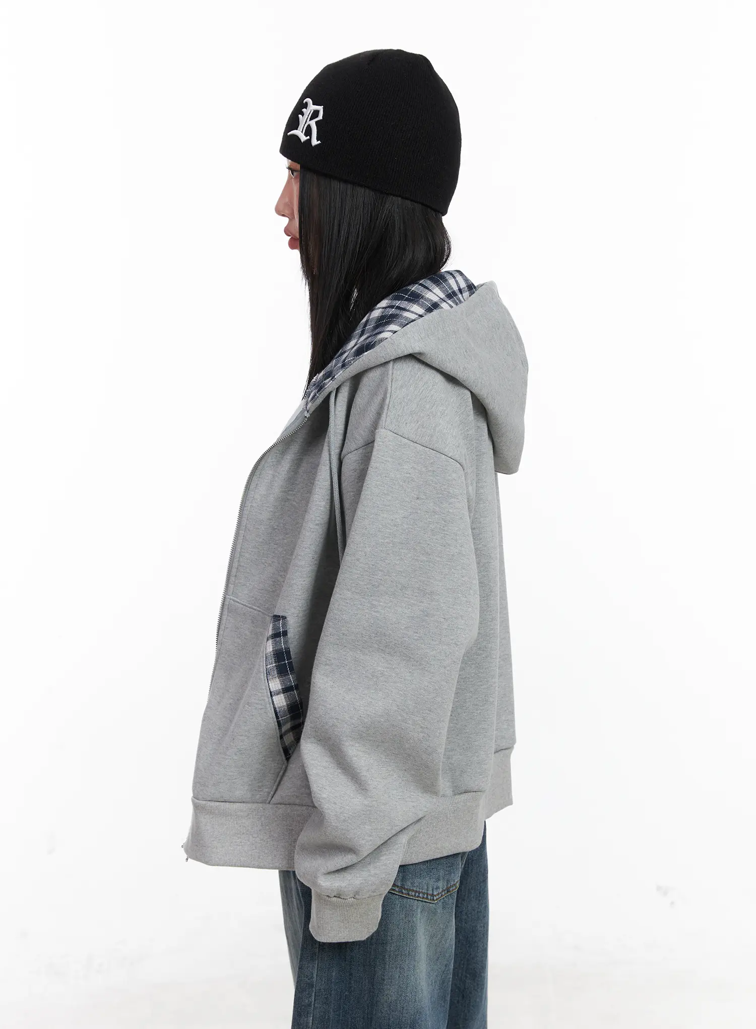 Checkered detail Zip-Up Hoodie CN528 - Image 7