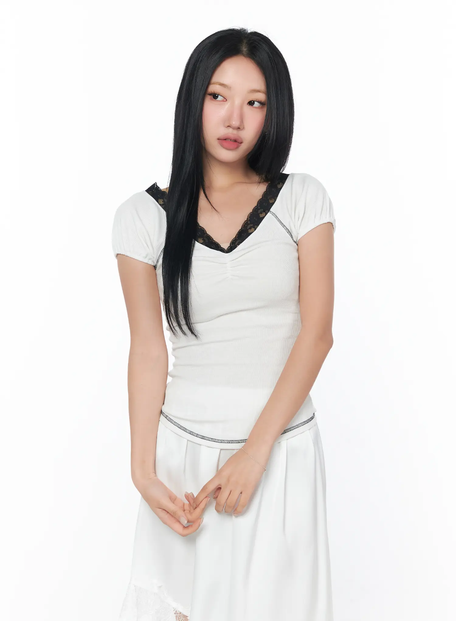 Chic Lace-Trimmed Shirred Tee CY512 - Image 2