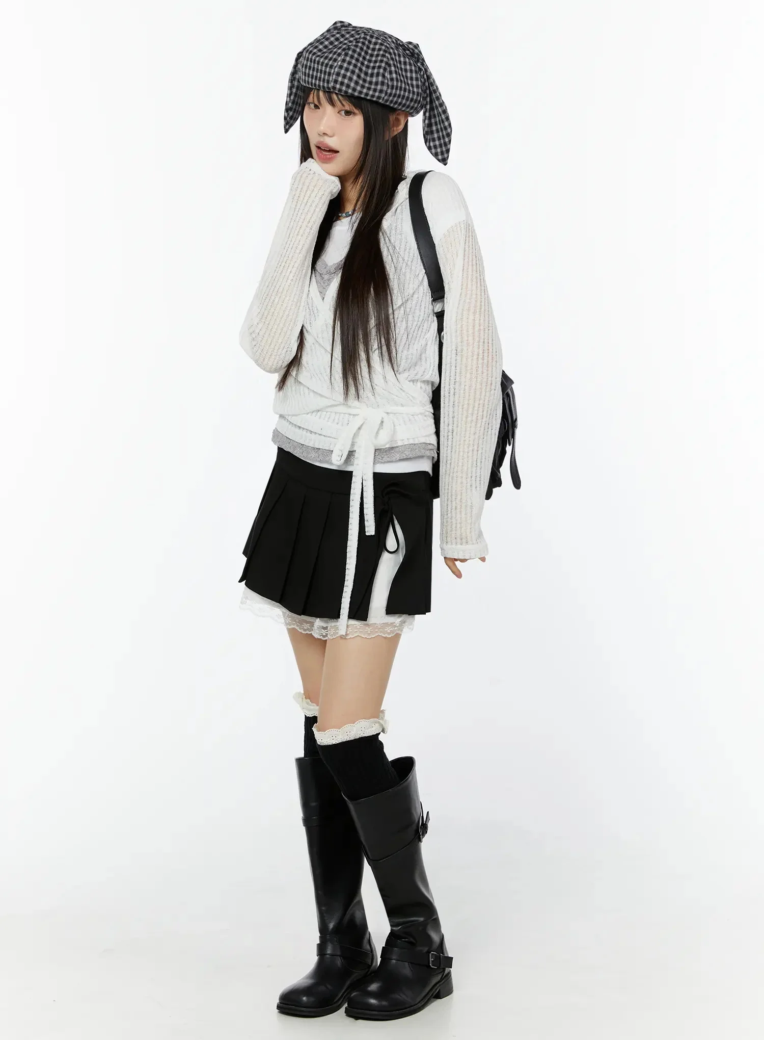 Chic Pleated Ribbon Lace Trim Mini Skirt IU518 - Image 2