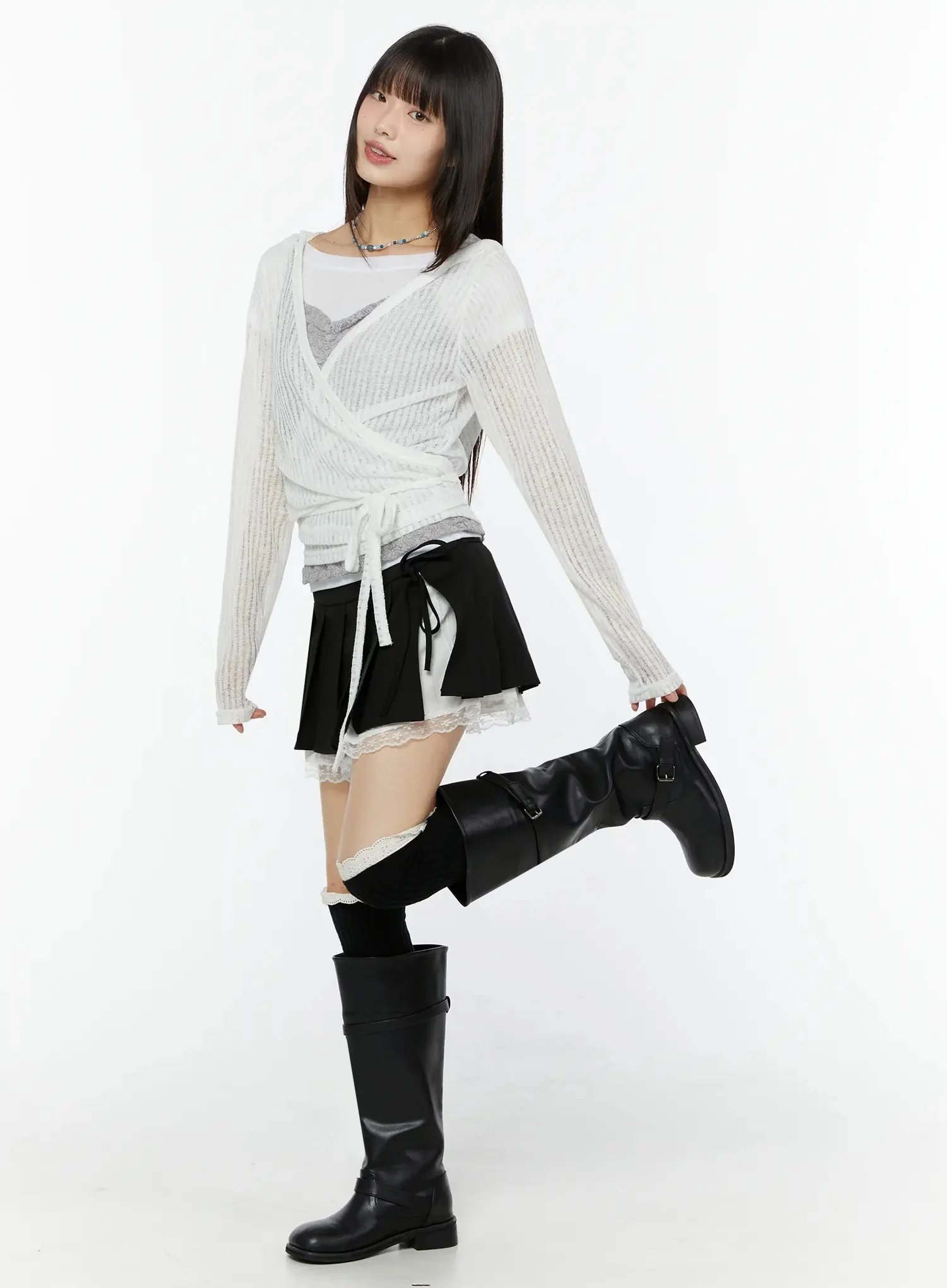 Chic Pleated Ribbon Lace Trim Mini Skirt IU518 - Image 3