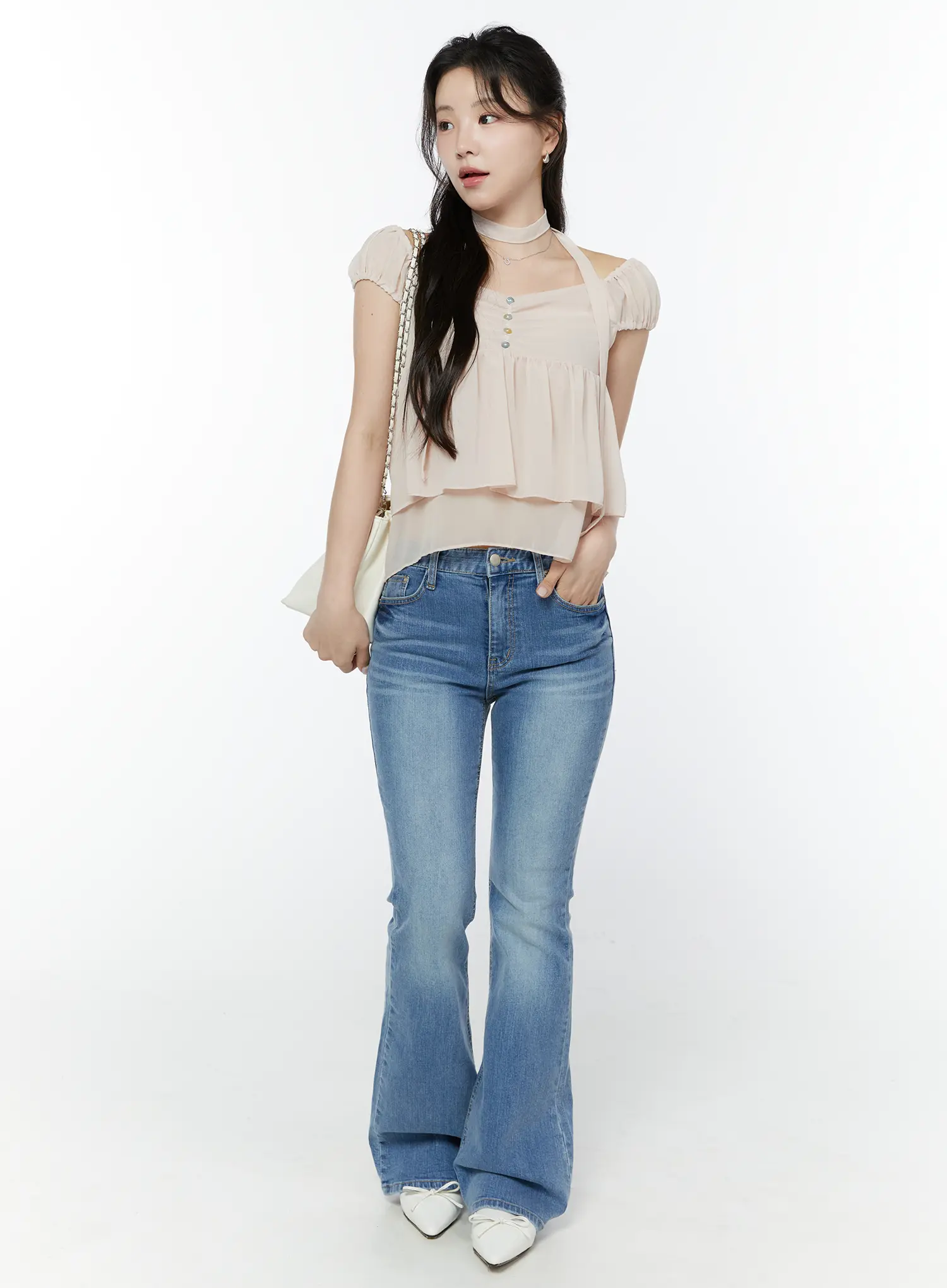 Chiffon Layered Blouse And Skinny Scarf Set IY511 - Image 11