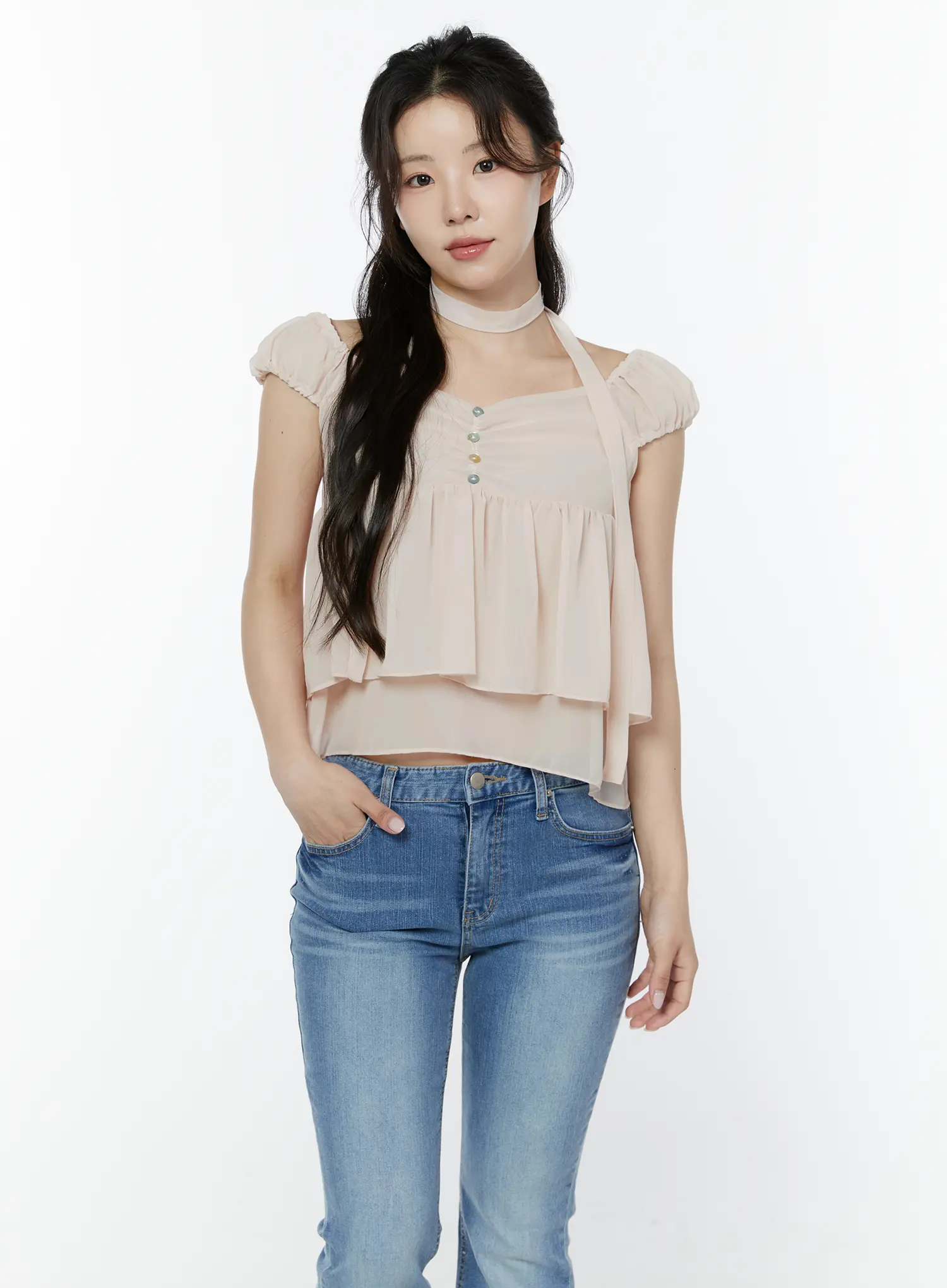 Chiffon Layered Blouse And Skinny Scarf Set IY511 - Image 12