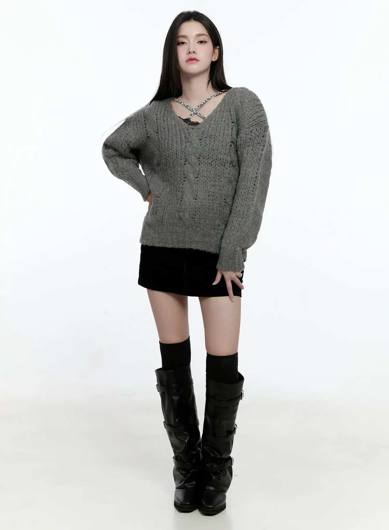 Chunky Cable Knit V-Neck Sweater IO527 - Image 10