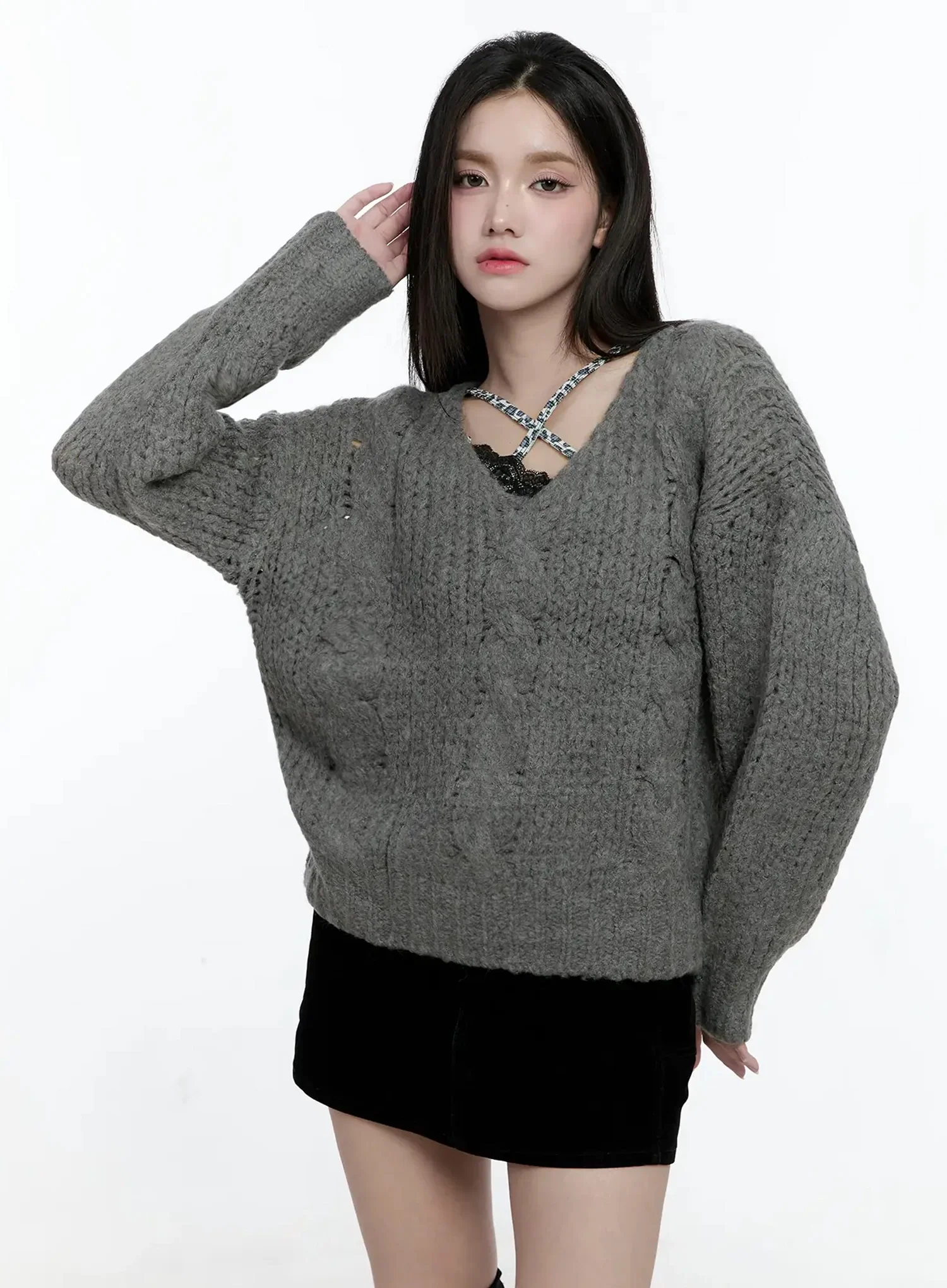 Chunky Cable Knit V-Neck Sweater IO527 - Image 6