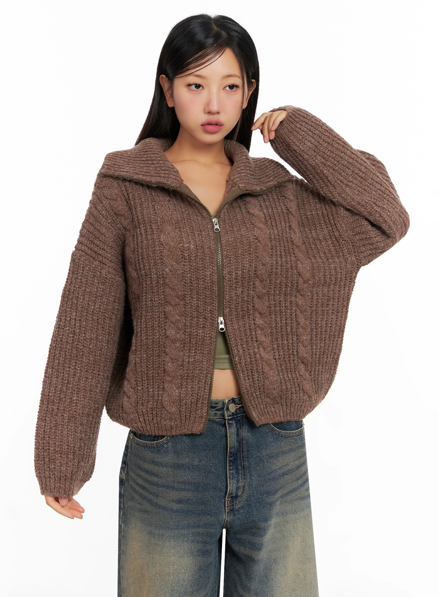 Chunky Knit Twist Zip-Up Cardigan IG528 - Image 5