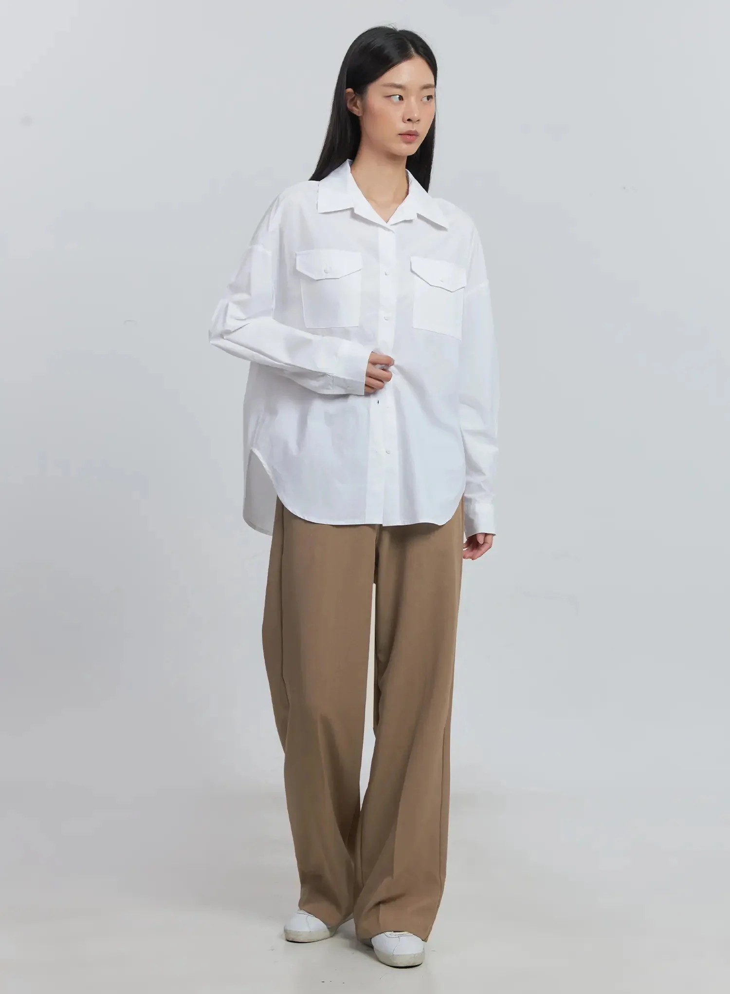 Classic Wide-Fit Slacks (Beige) IU512 - Image 4