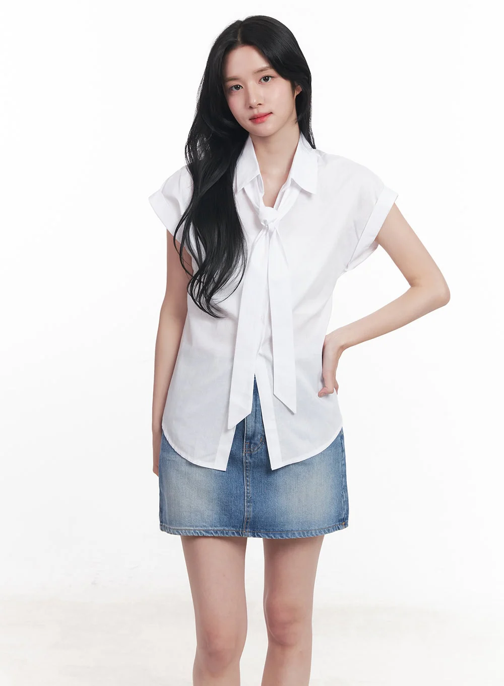 Collared Blouse Top Neck-Tie Set CY523