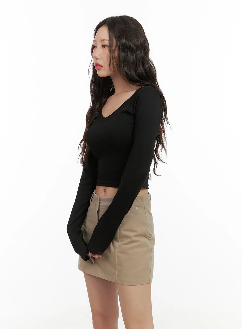 Cotton V-Neck Crop Long Sleeve Top CG422 - Image 3