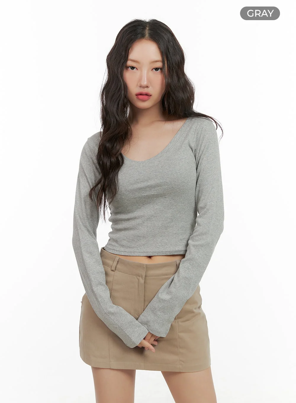 Cotton V-Neck Crop Long Sleeve Top CG422 - Image 7