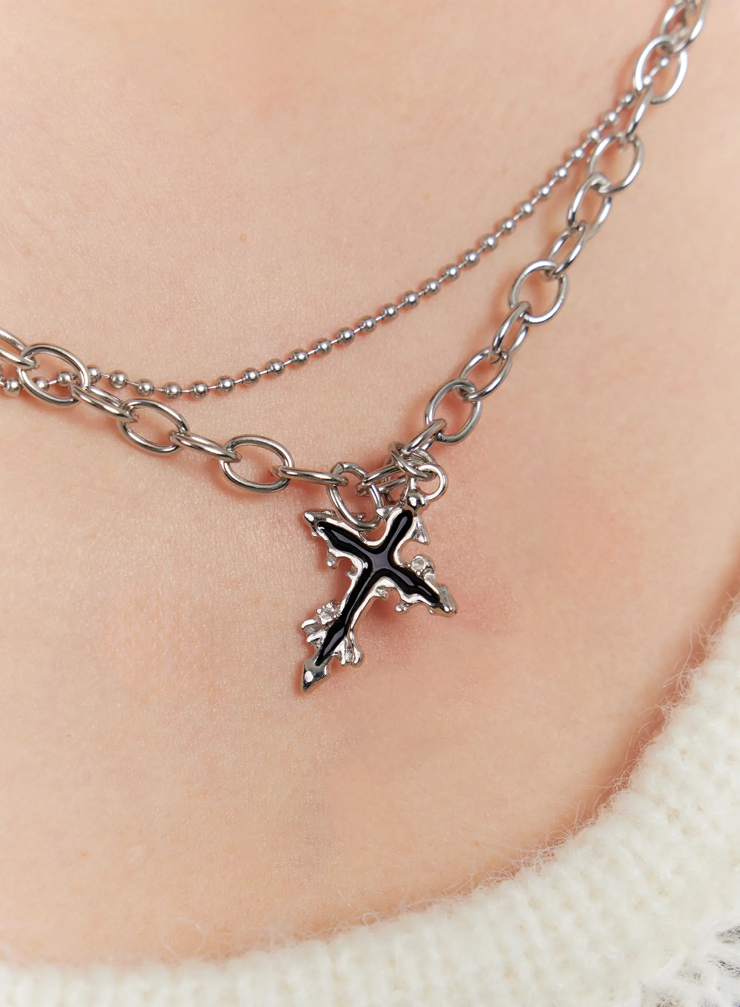 Cross Charm Dual Chain Necklace IO527 - Image 3