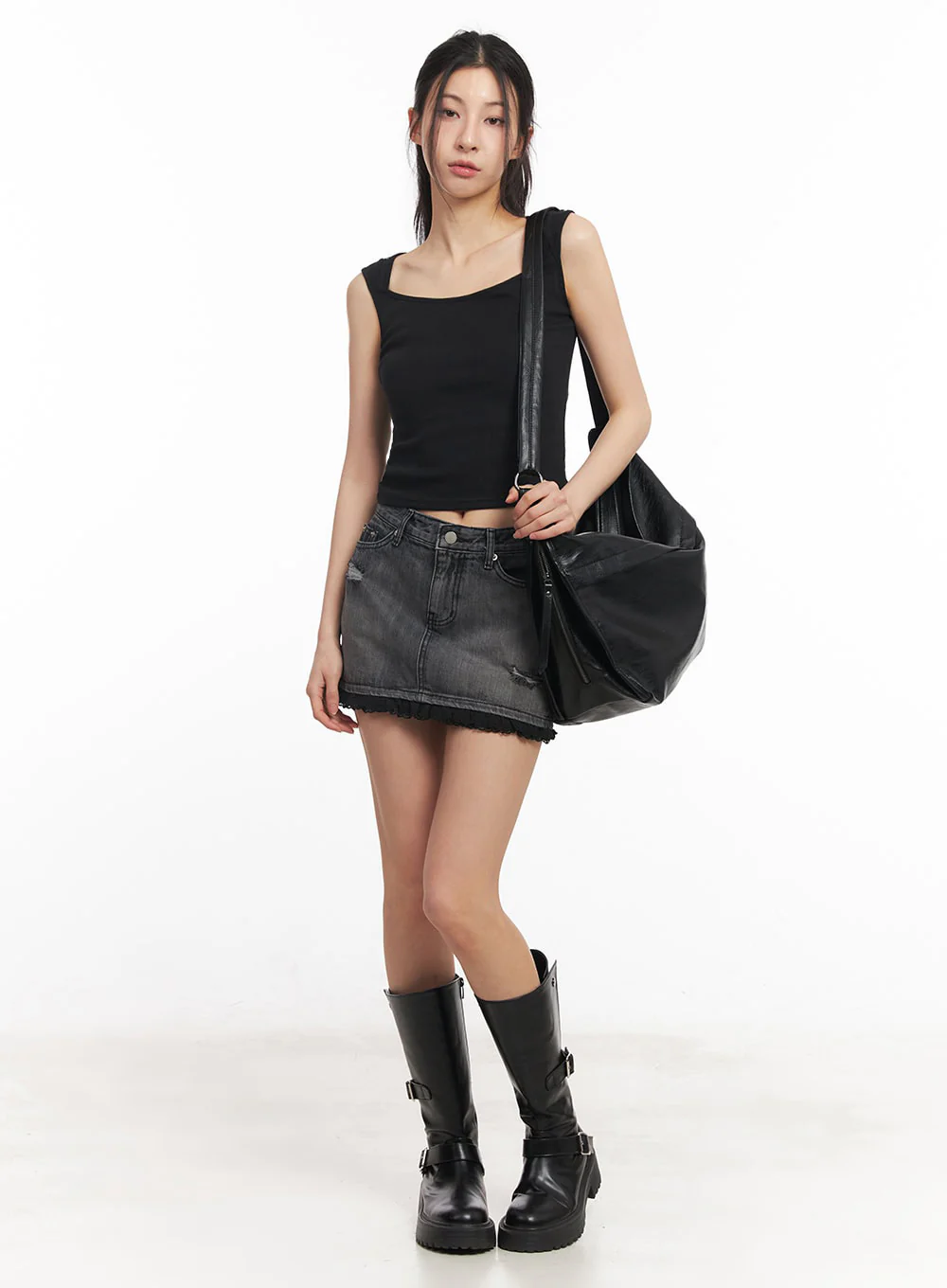 Distressed Denim Lace Mini Skirt IY529 - Image 2
