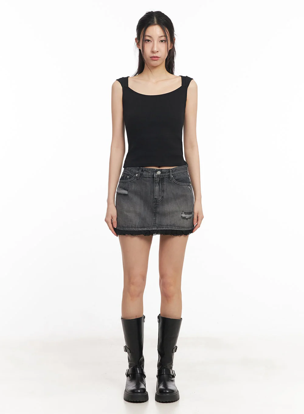 Distressed Denim Lace Mini Skirt IY529 - Image 5