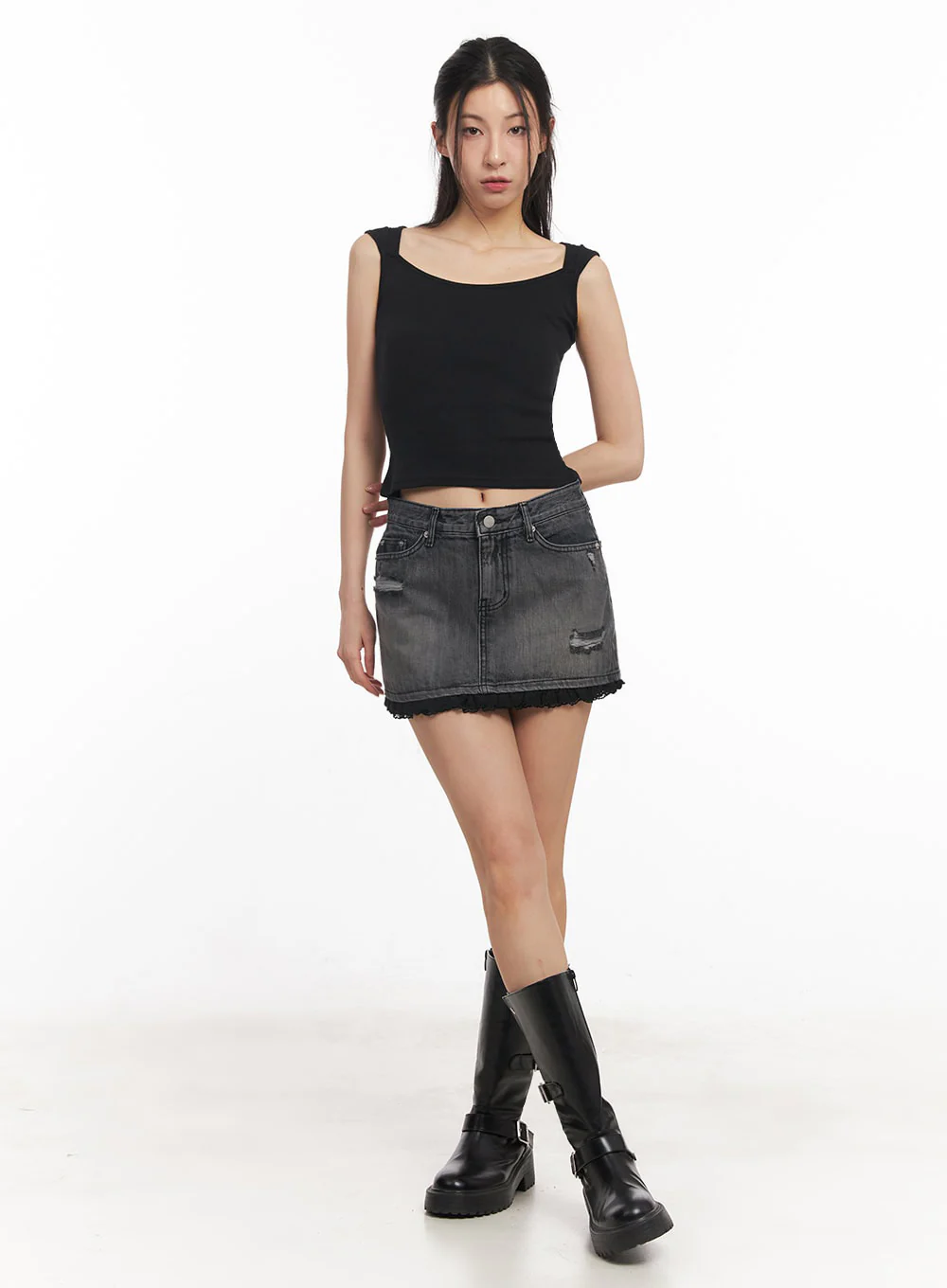 Distressed Denim Lace Mini Skirt IY529 - Image 6