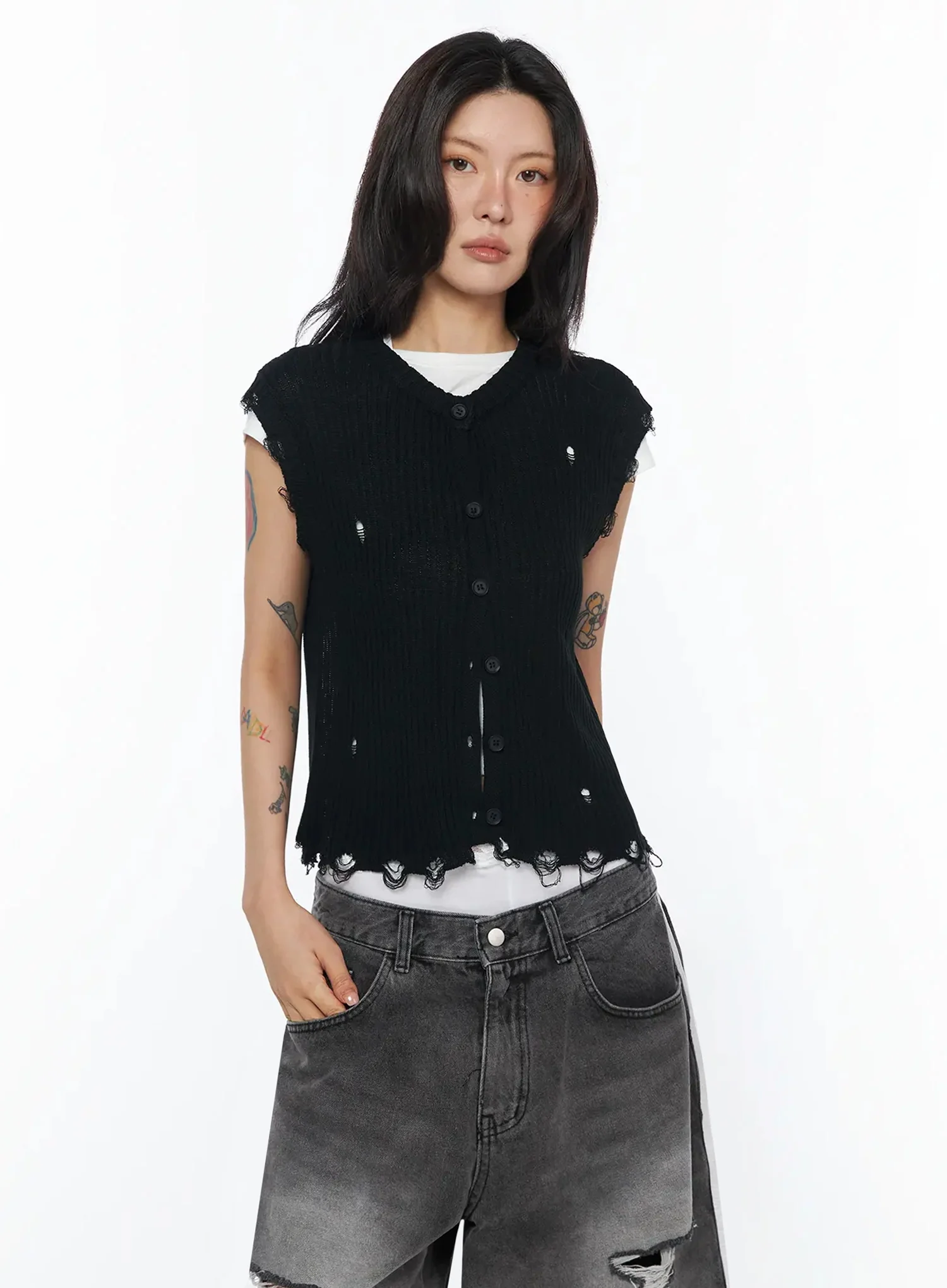 Distressed Knit Round Vest IU509 - Image 6